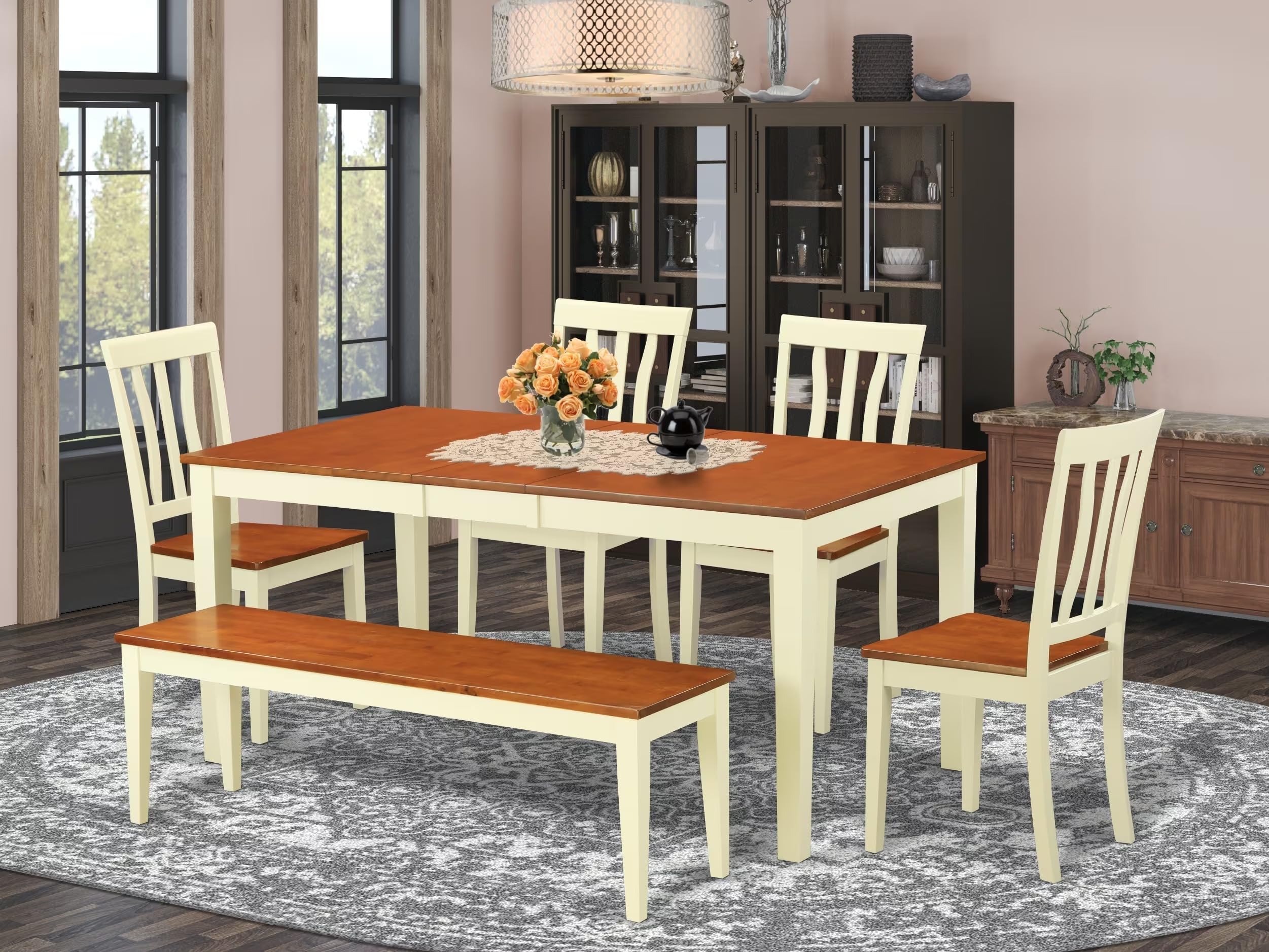 East West Furniture NIAN6-WHI-W 6 Piece Kitchen Table & Chairs Set Contains a Rectangle Dining Table with Butterfly Leaf and 4 Dining Room Chairs with a Bench, 36x66 Inch, Buttermilk & Cherry
