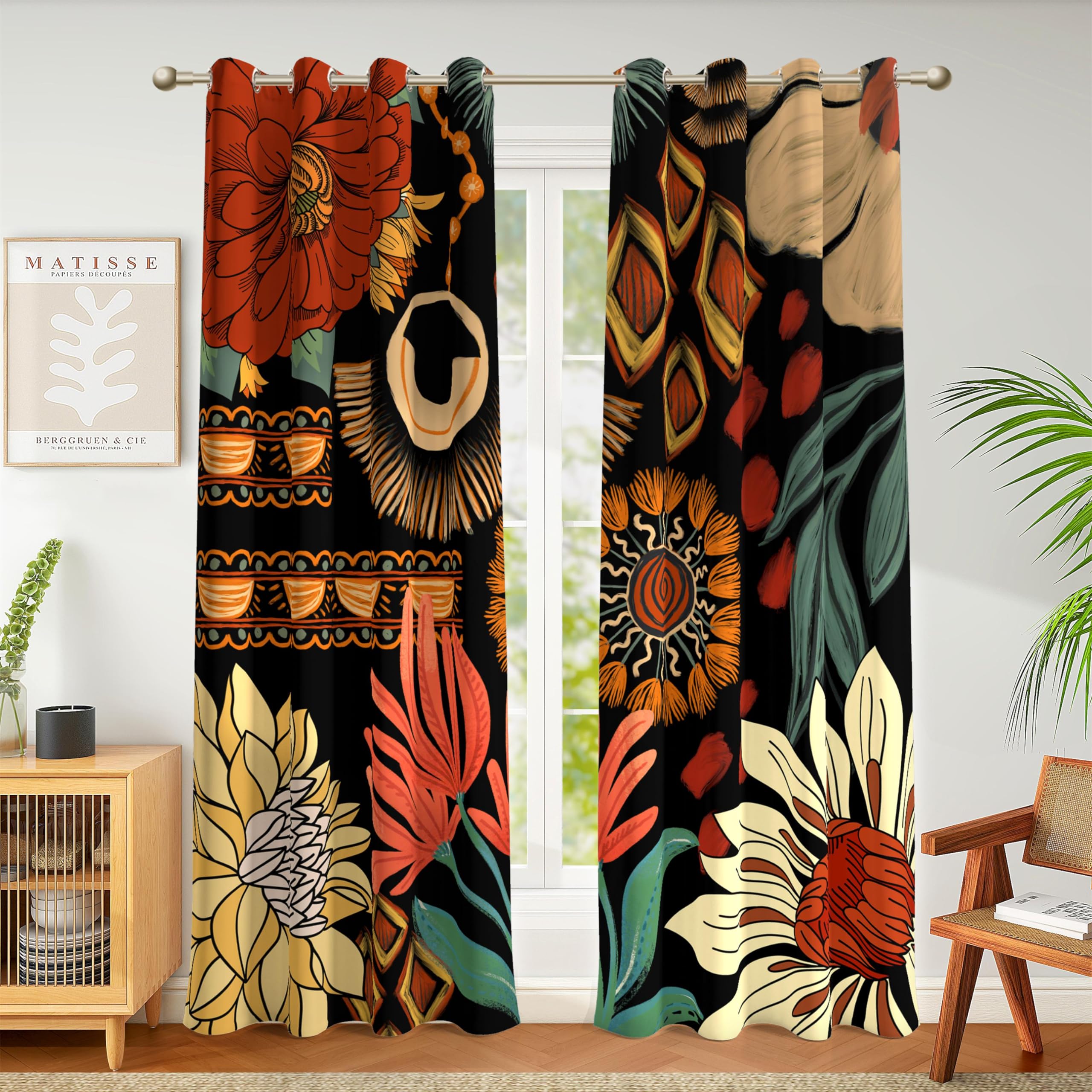Tyrot 100% Blackout Black Boho Floral Curtains For Living Room 96 Inch Long 2 Panels Mid Century Botanical Black Out Curtains Fo