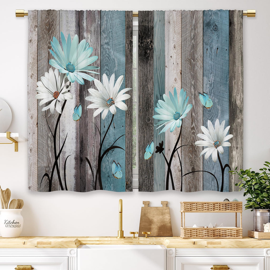 Laifzere Teal Farmhouse Daisy Kitchen Curtains Wooden Flower Small Short Cafe Window Curtains Rustic Floral Butterfly Country Ba
