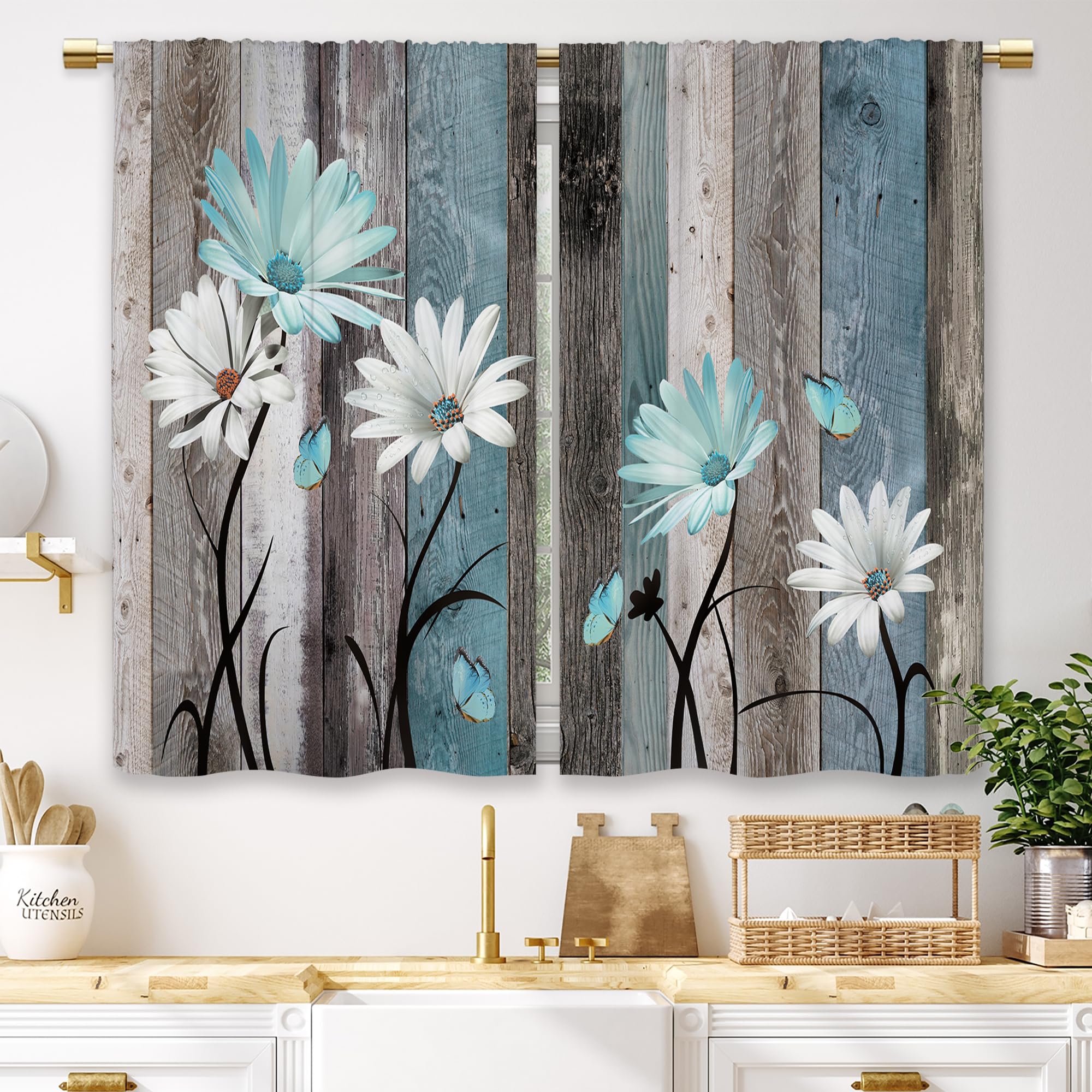 Laifzere Teal Farmhouse Daisy Kitchen Curtains Wooden Flower Small Short Cafe Window Curtains Rustic Floral Butterfly Country Ba