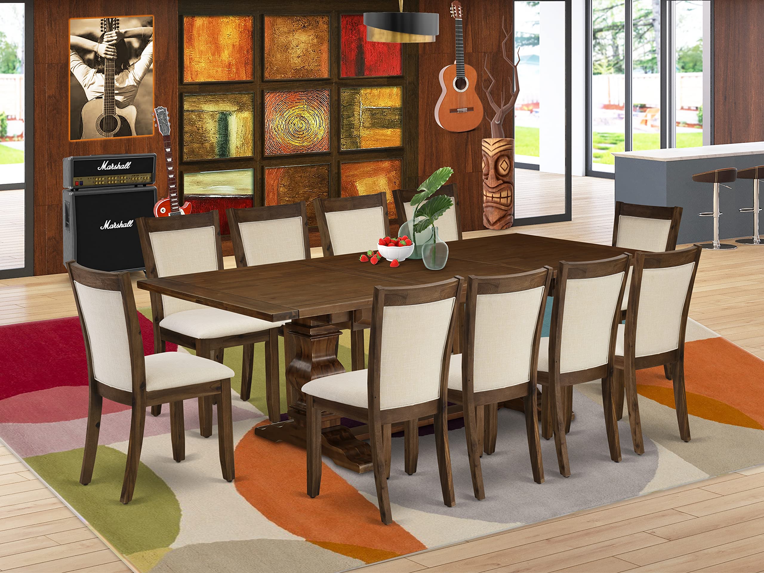 East West Furniture Lamz11-N8-32 11 Piece Kitchen Table Set Includes A Rectangle Dining Table With Removable Leaf And 10 Light Beige Linen Fabric Upholstered Chairs, 42X92 Inch, Walnut