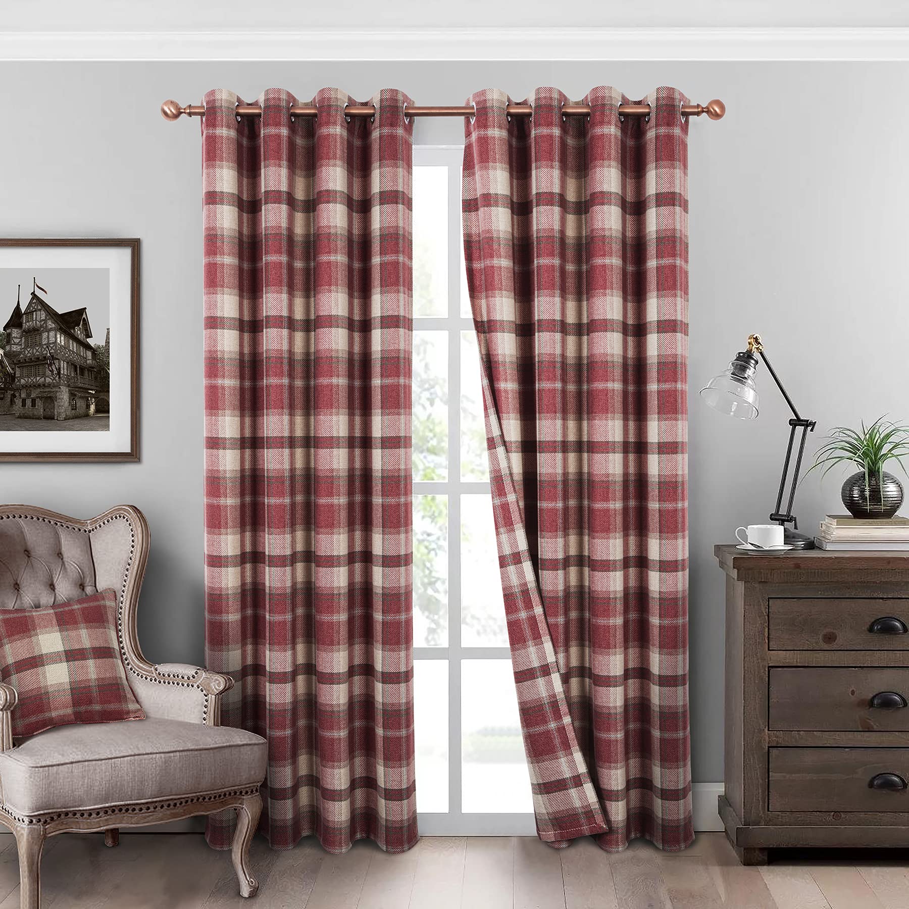 Always4U Classic Red Plaid Curtains Highland Woolen Look Tartan Farmhouse Window Treatment Grommet Checked Curtains For Living R