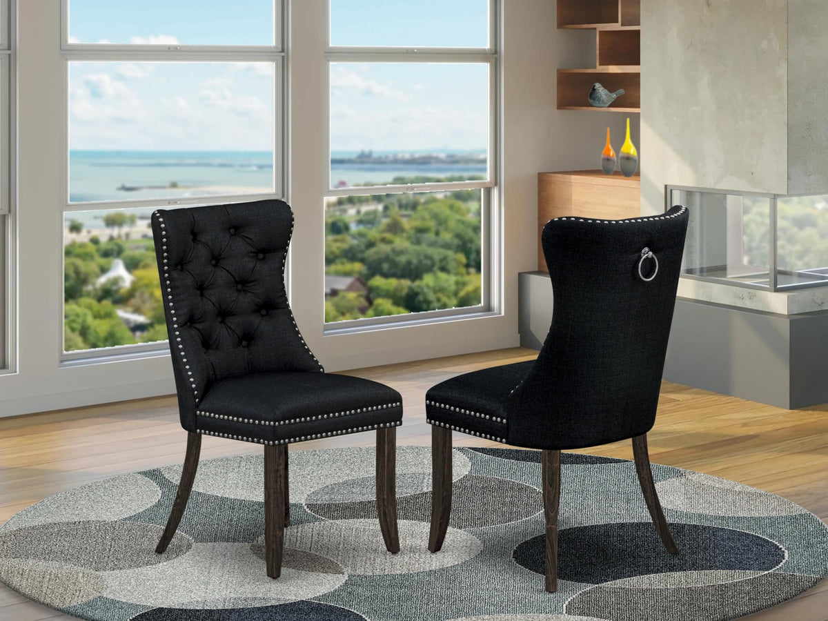 East West Furniture Dap7L24 Dallas Parson Dining Room Chairs - Button Tufted Nailhead Black Polyester Fabric Padded Chairs, Set Of 2, Distressed Jacobean