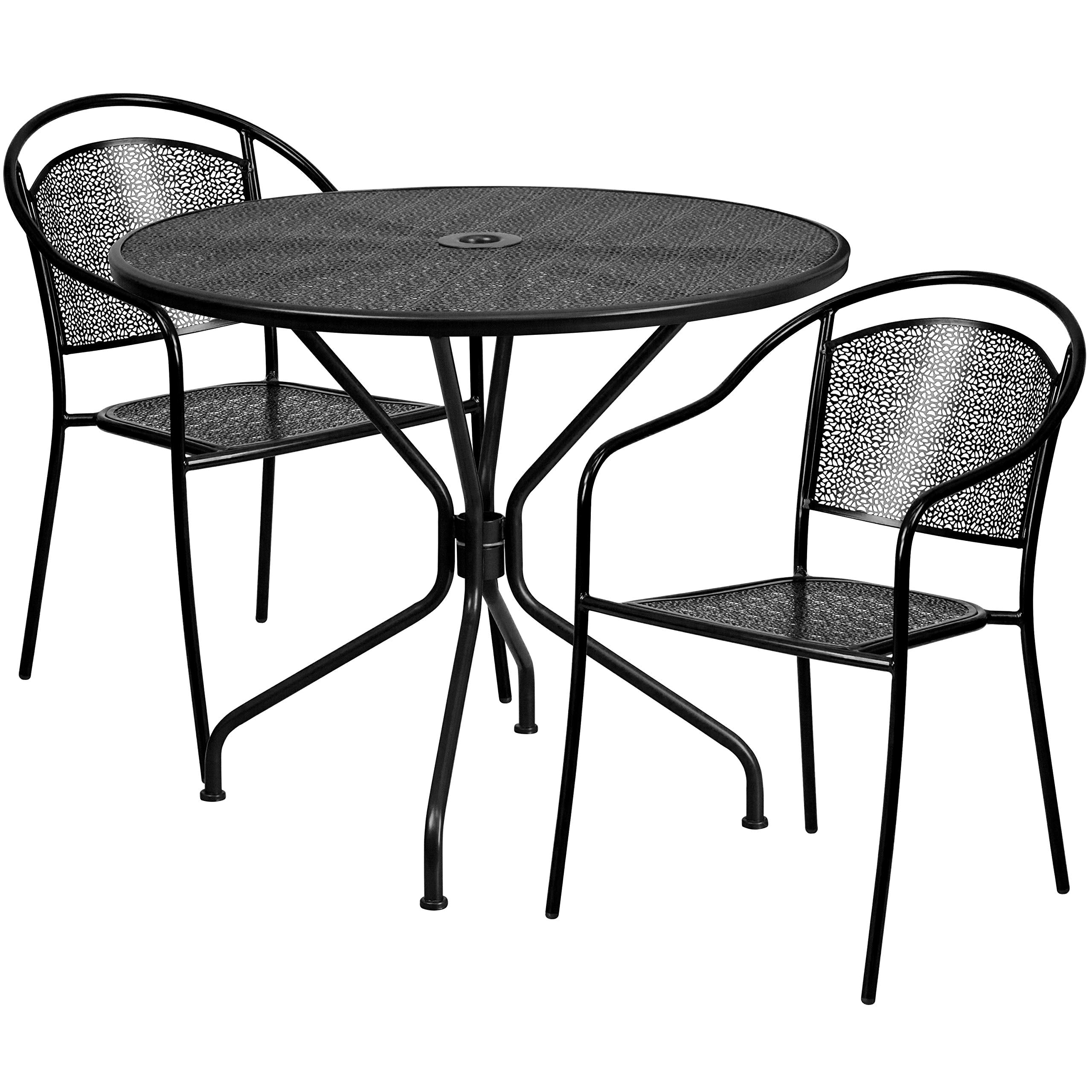 Flash Furniture Commercial Grade 35.25' Round Black Indoor-Outdoor Steel Patio Table Set With 2 Round Back Chairs