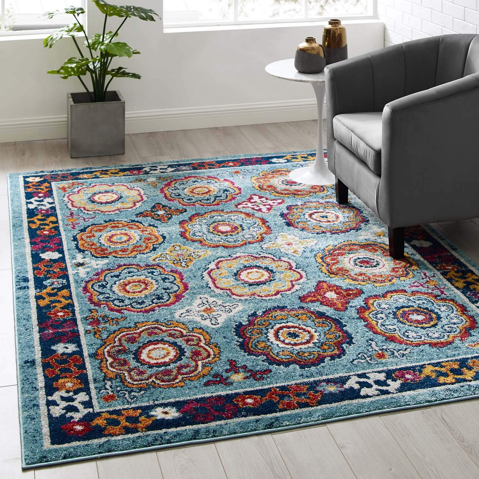 Modway Entourage Odile Transitional Distressed Vintage Floral Moroccan Trellis 5X8 Area Rug, Blue, Red, Orange Yellow