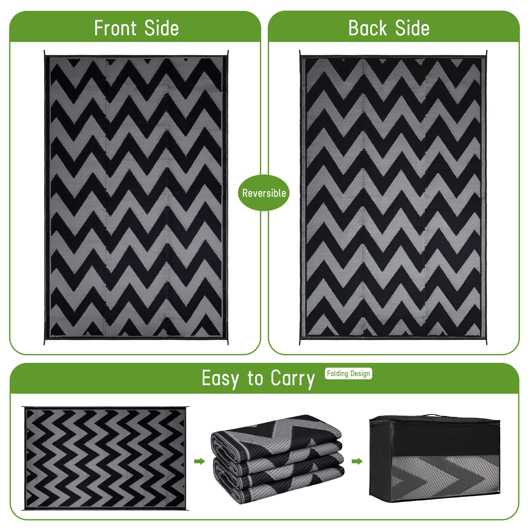 Easy-Going Reversible Outdoor Rugs 6X9Ft Waterproof Plastic Straw Rug Stain & Uv Resistant Floor Mat For Patio Porch Rv Backyard Pool Deck Picnic Beach Trailer Camping (Waved Black & Grey)