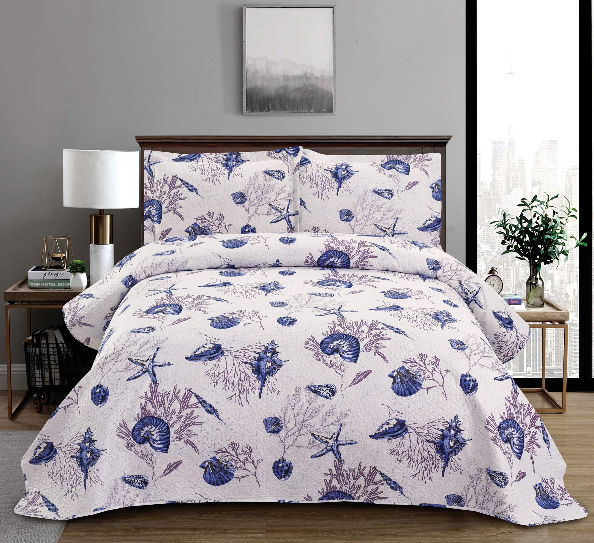 3-Piece Coastal Sea Life Quilt Set King Size (96X108In.) Beach Themed Vivid Seascape Blue Conch Starfish Coral Bedspread Coverle