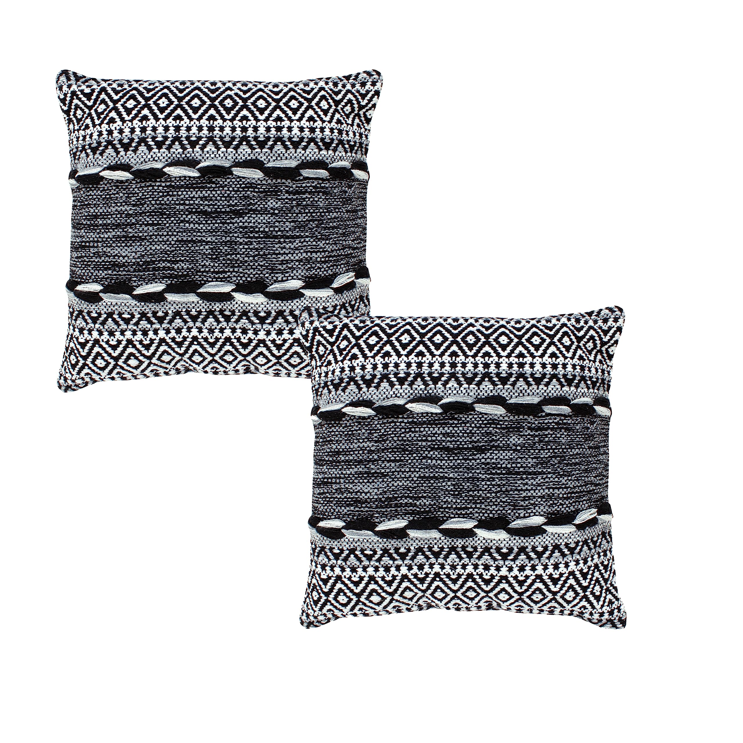 The Urban Port 18 x 18 Jacquard Square Decorative Cotton Accent Throw Pillow with Soft Boho Tribal Pattern, Set of 2, Black, Whi