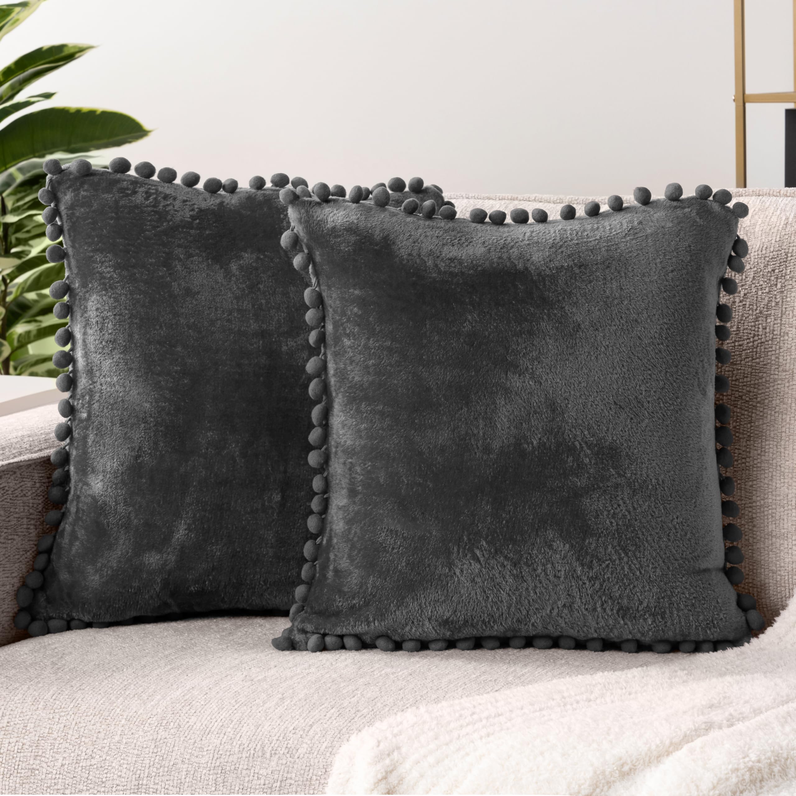 Pavilia Dark Gray Throw Pillow Covers With Pom Pom 20X20 Set Of 2, Decorative Pillow Cases For Bedroom Aesthetic, Small Throw Pi