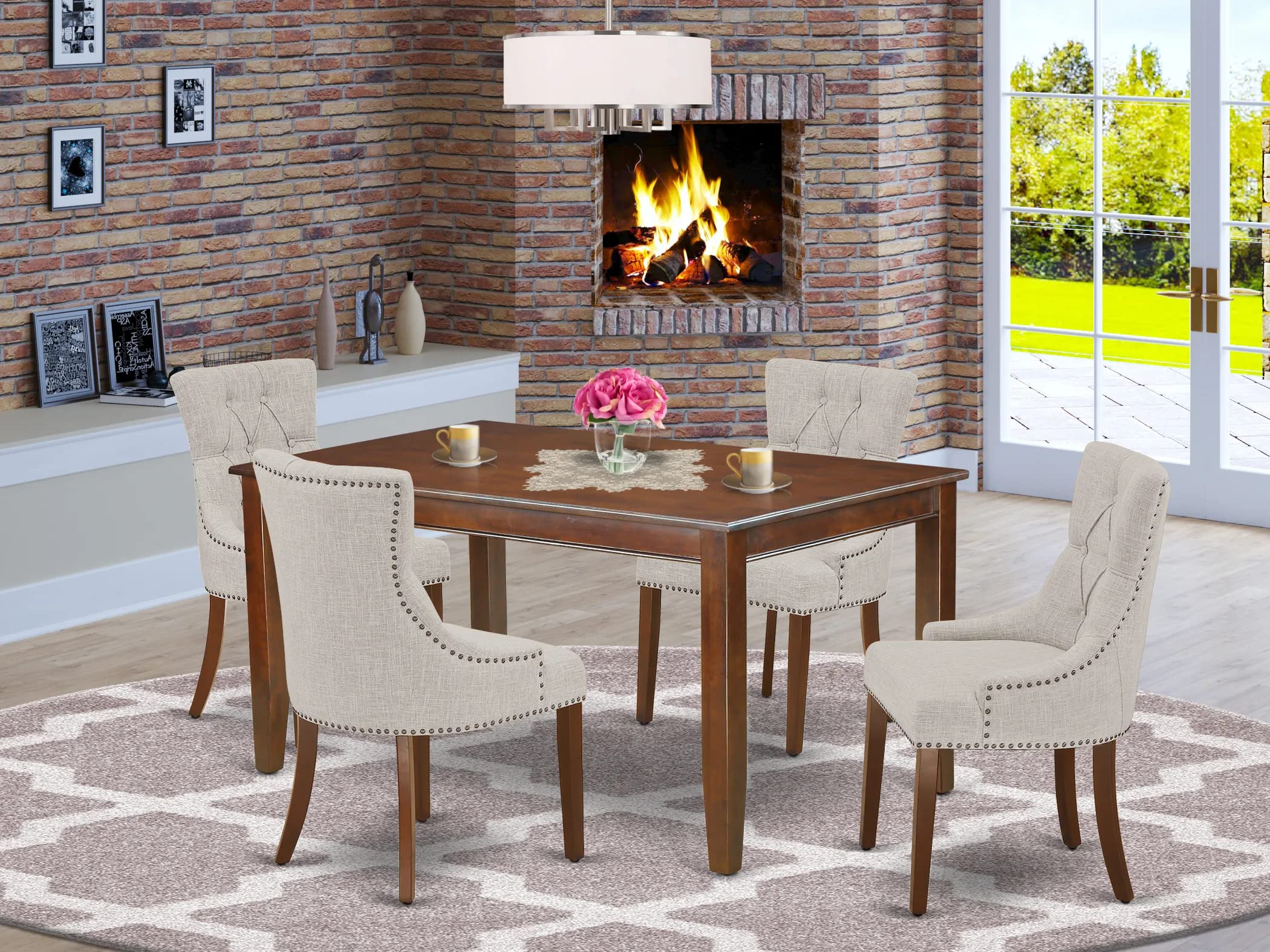 East West Furniture Dufr5-Mah-05 5-Pc Wooden Dining Table Set - Parson Dining Chairs With Doeskin Linen Fabric Seat And Button-Tufted Back - A Rectangular Dining Room Table (Mahogany Finish)