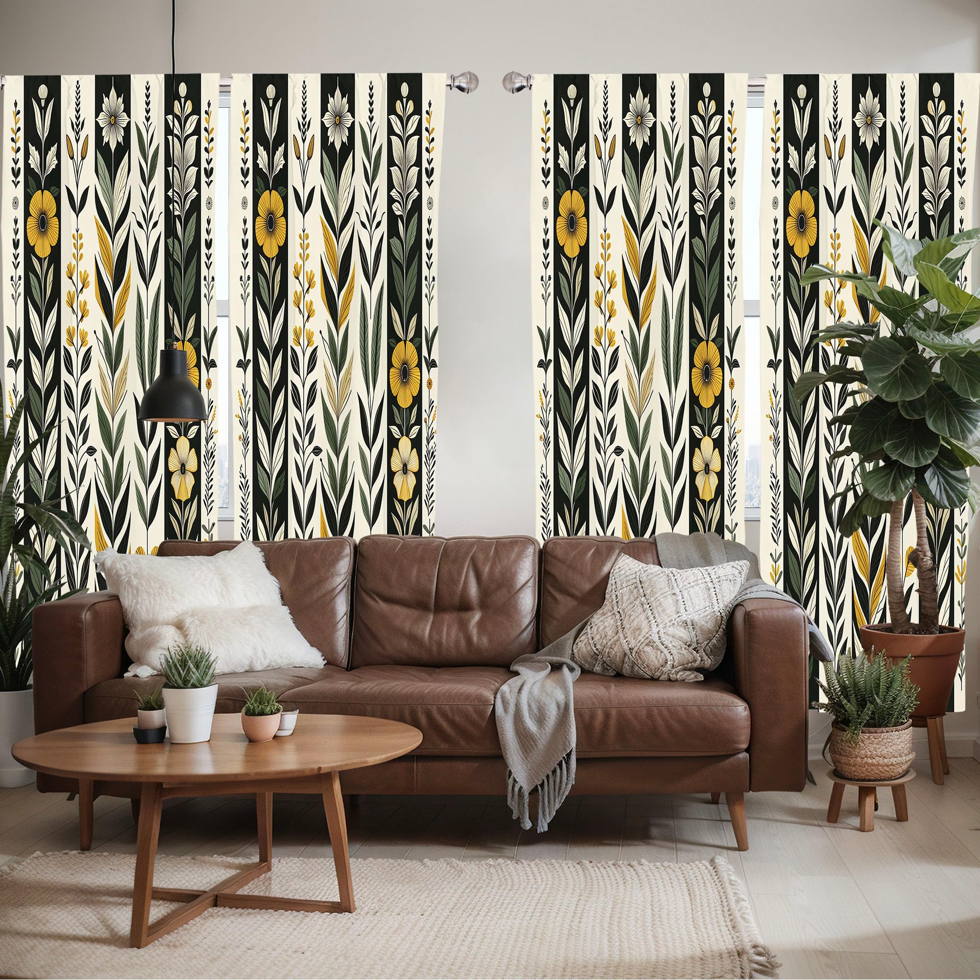 Ambesonne Nature Boho Window Curtains Pack Of 2, Urban Jungle Theme Dreamy Leaves And Flowery Petals And Stripes, Lightweight Se