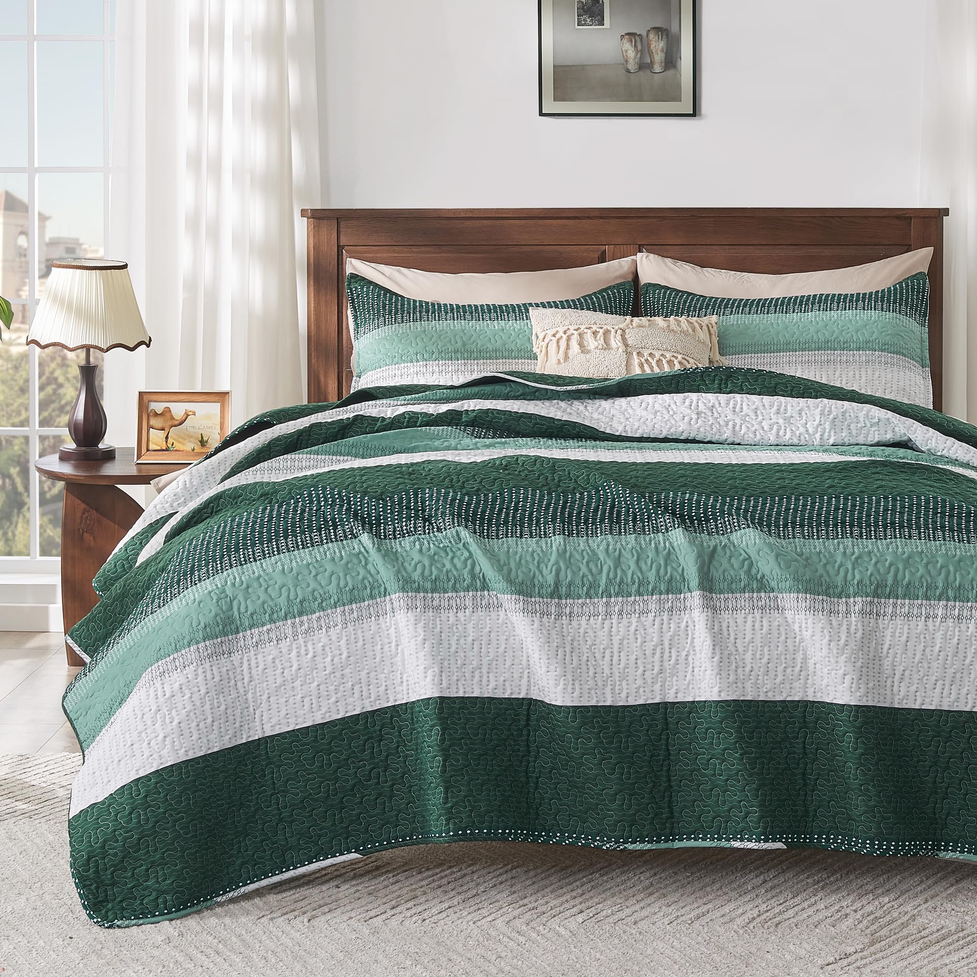 Andency Emerald Green Quilt King(106X96Inch), 3 Pieces (1 Striped Quilt And 2 Pillowcases) Patchwork Striped Bedspread Coverlet