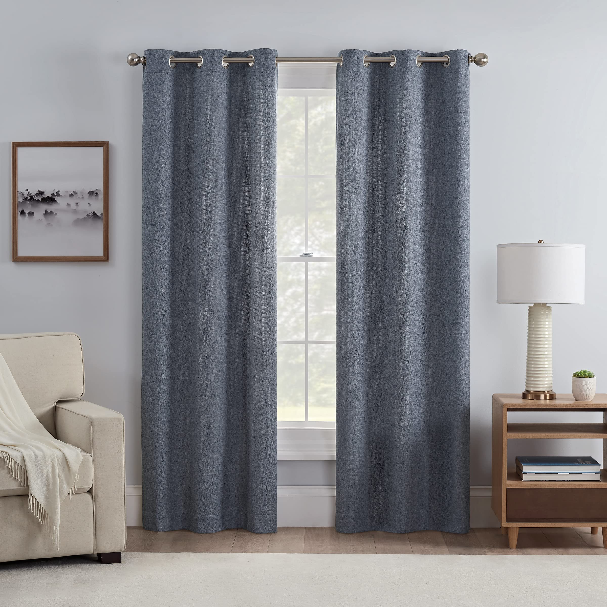 Eclipse Carter Draftstopper Light Filtering Grommet Lined Window Curtains For Living Room (2 Panels), 37 In X 84 In, Denim