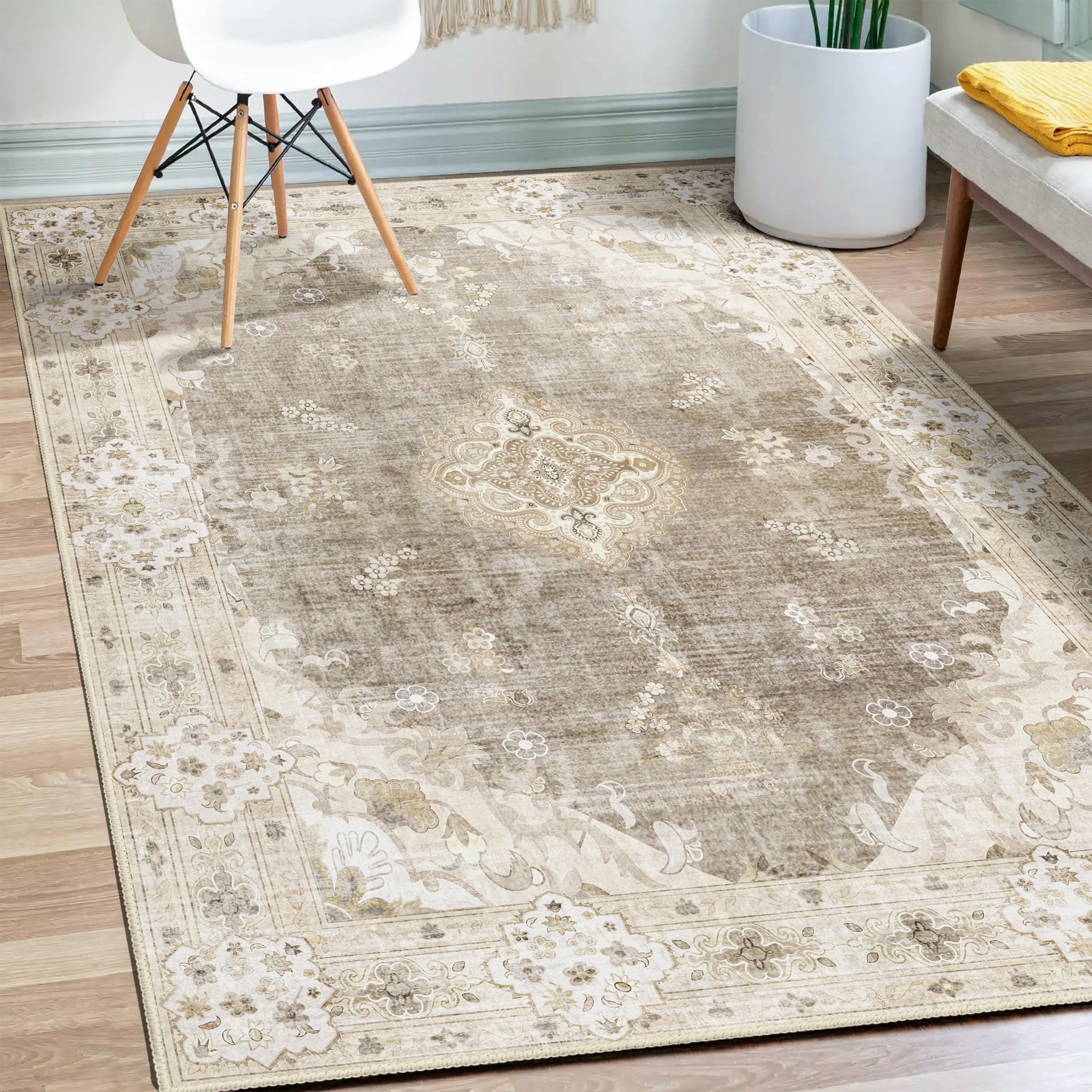 MUJOO Beige Rug 3x5 Washable, Boho Area Rugs for Entryway Bedroom Living Room Kitchen,Small Vintage Bohemian Distressed Farmho