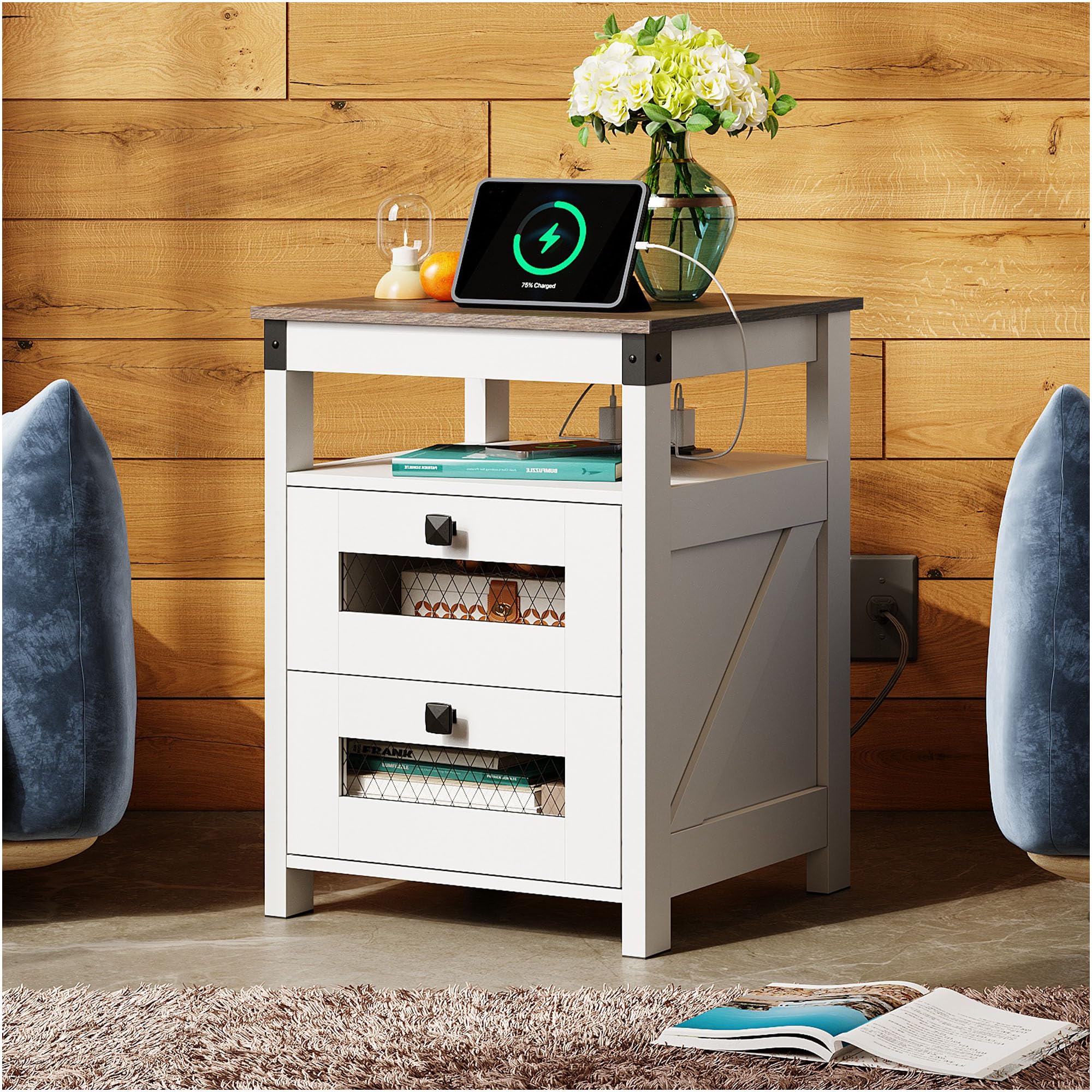 WLIVE White End Table with Charging Station, Side Table Living Room, Wood Nightstand Bedroom with 2 Storage Drawers and Open She