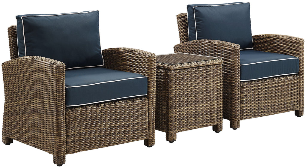 Crosley Furniture Bradenton 3-Piece Outdoor Chair and Side Table Set, Wicker Patio Conversation Sets, Brown with Navy Cushions