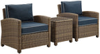 Crosley Furniture Bradenton 3-Piece Outdoor Chair and Side Table Set, Wicker Patio Conversation Sets, Brown with Navy Cushions