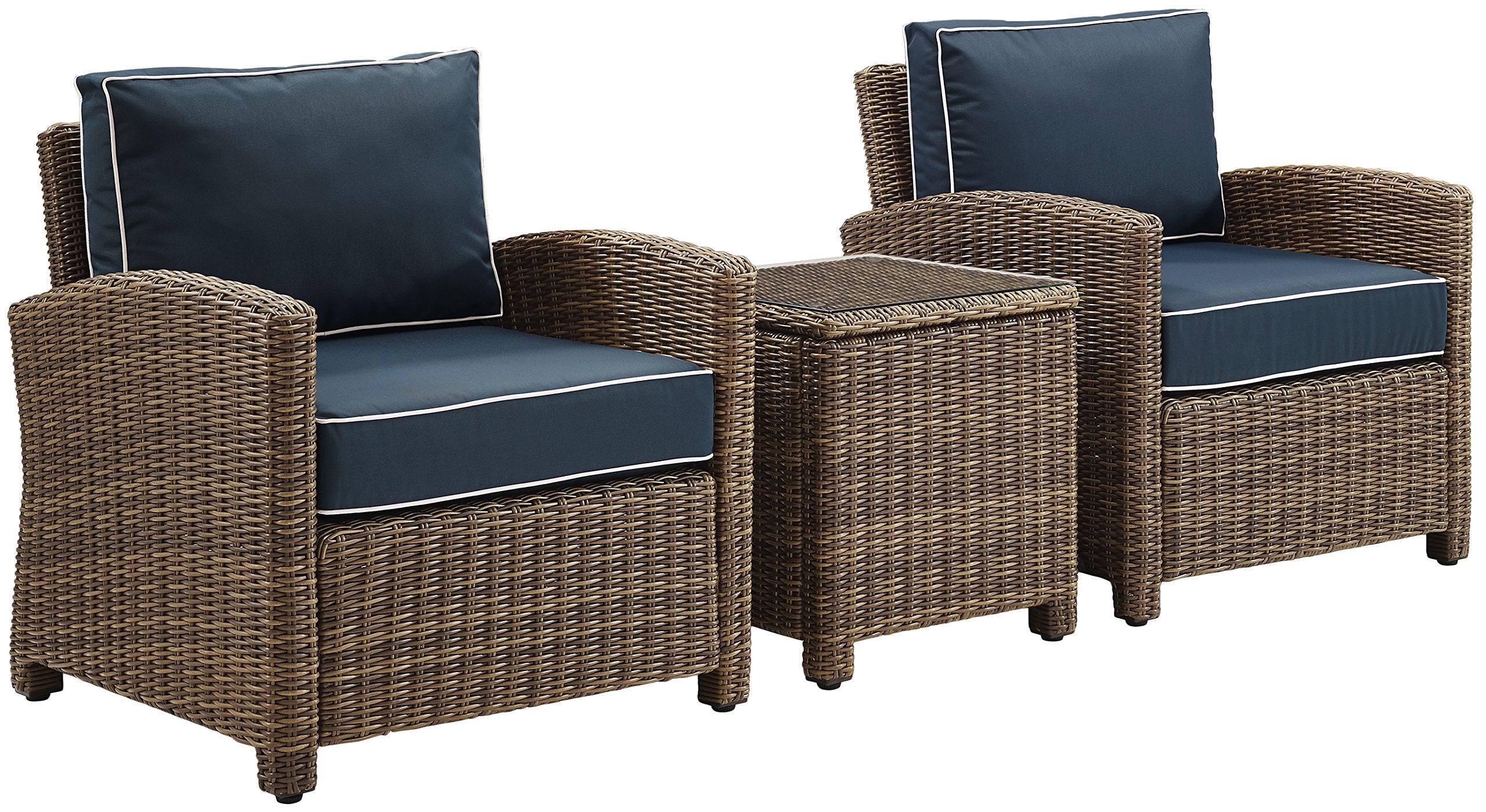 Crosley Furniture Bradenton 3-Piece Outdoor Chair and Side Table Set, Wicker Patio Conversation Sets, Brown with Navy Cushions