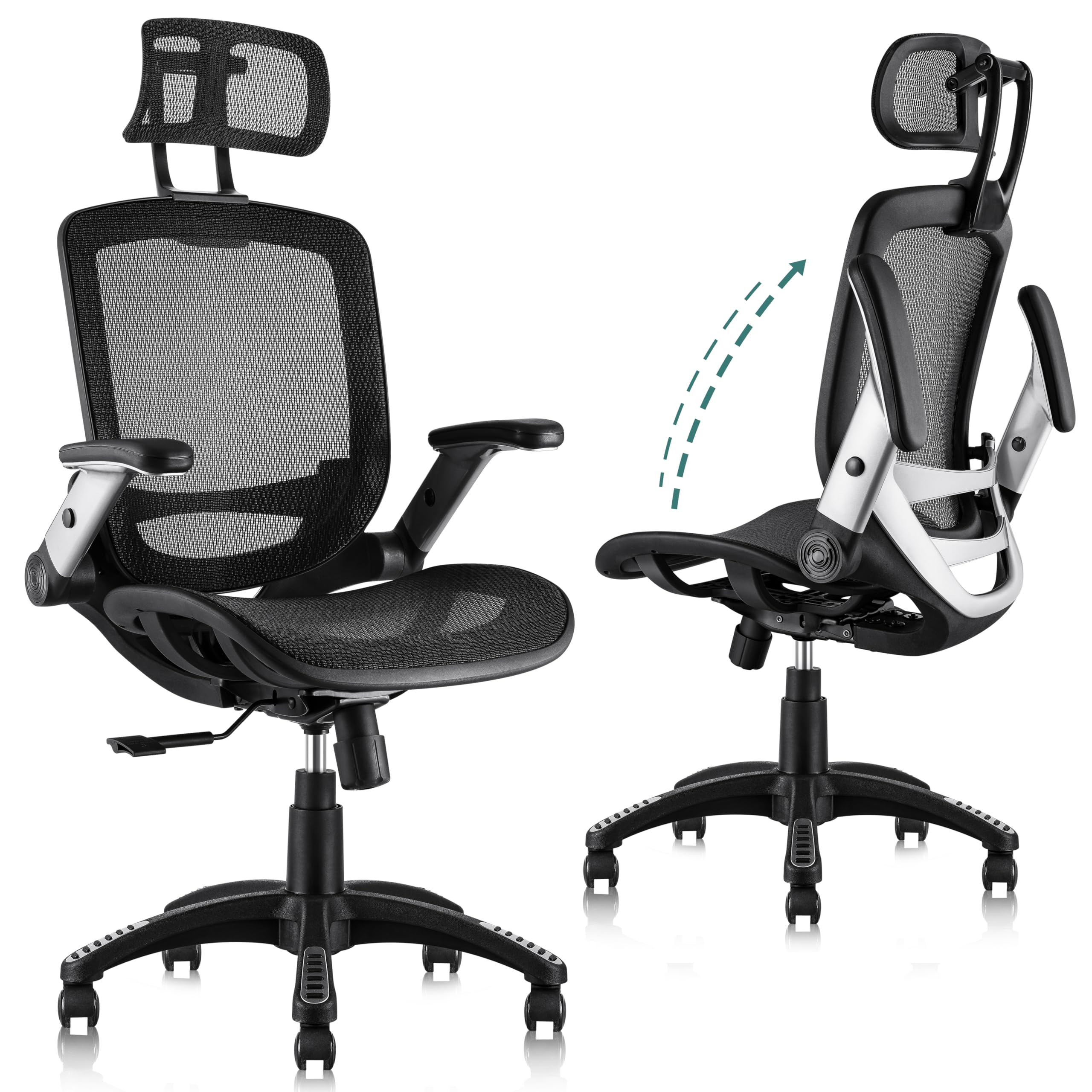 Gabrylly Ergonomic Office Chair, High Back Home Desk Chair With Headrest, Flip-Up Arms, 90-120° Tilt Lock And Wide Cushion, Big And Tall Mesh Chairs For Man Woman, Black Task Chair