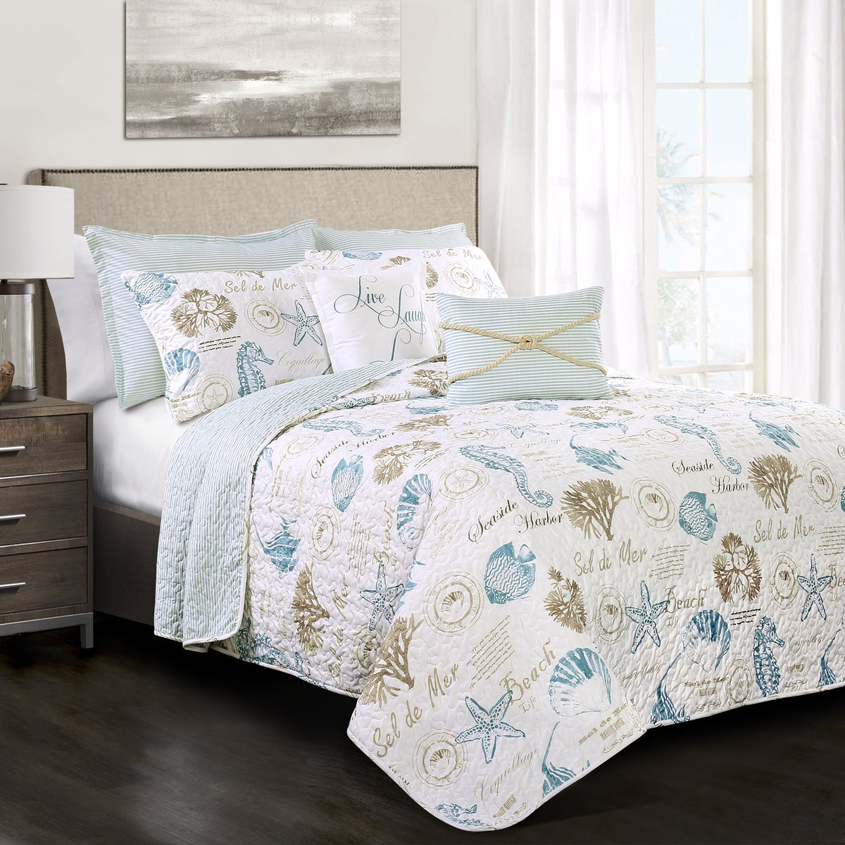 Lush Decor Harbor Life Reversible Quilt Set, 7 Piece Set, King, Blue & Taupe - Striped Nautical Quilt - Sea Life Print - Coastal