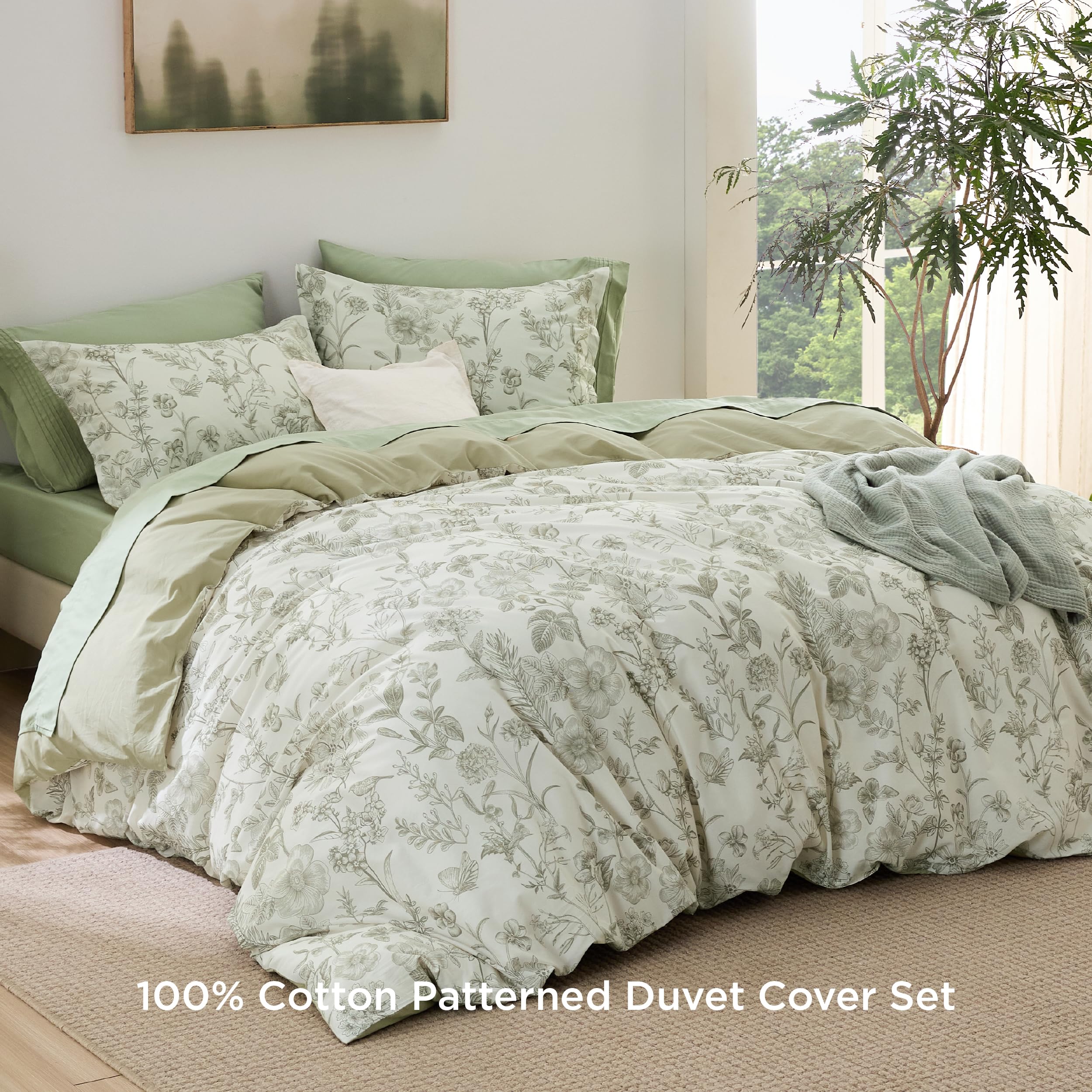 Bedsure Duvet Cover Queen Size - 100% Cotton Botanical Green Duvet Cover Set With Zipper, Reversible Floral Bedding Comforter Co
