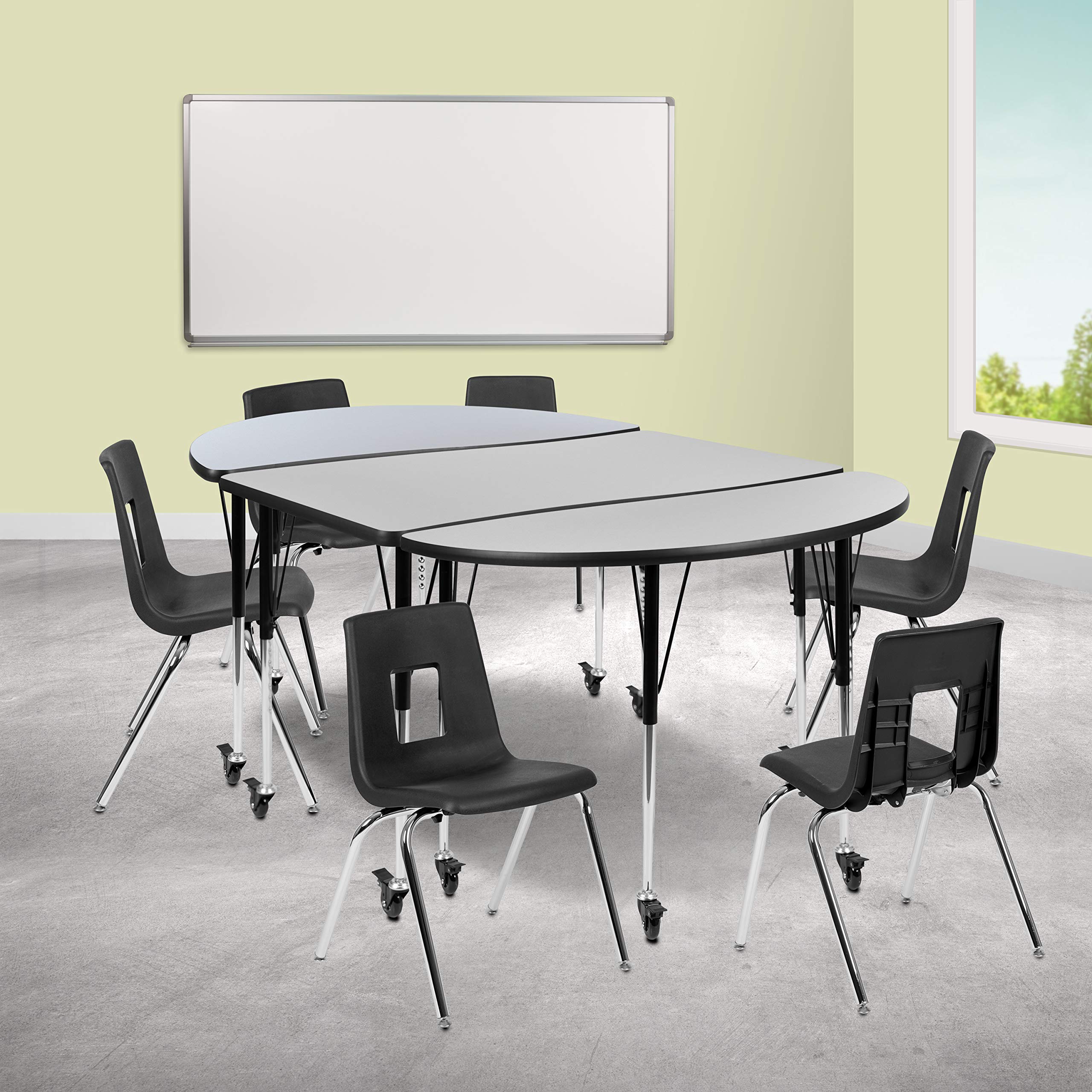 Flash Furniture Mobile 76 Oval Wave Collaborative Laminate Activity Table Set with 18 Student Stack Chairs, Grey/Black