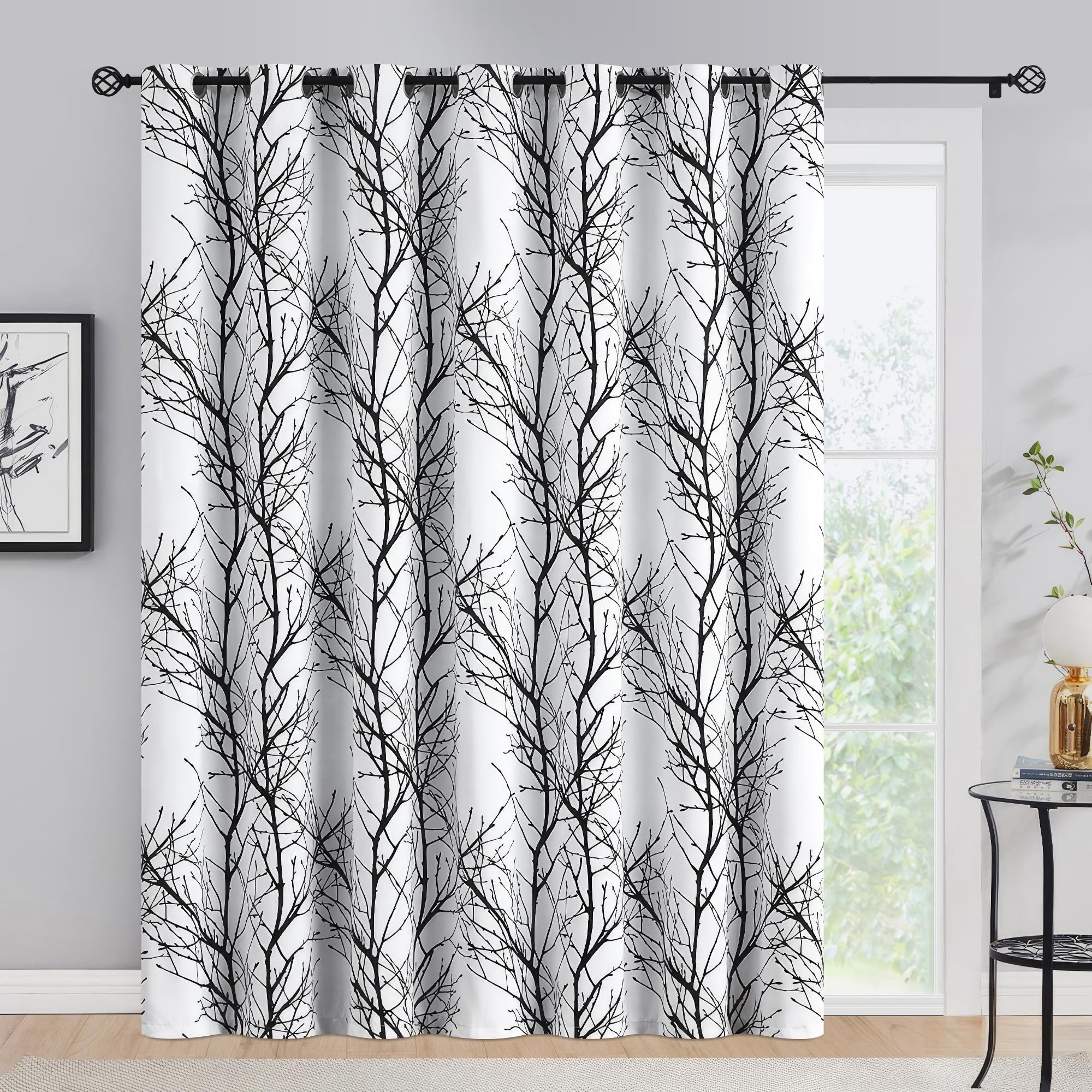 Fmfunctex 100% Blackout Patio Sliding Glass Door Curtains 96 Inch Long For Bedroom, Black On White Tree Branch Patterned Drapes