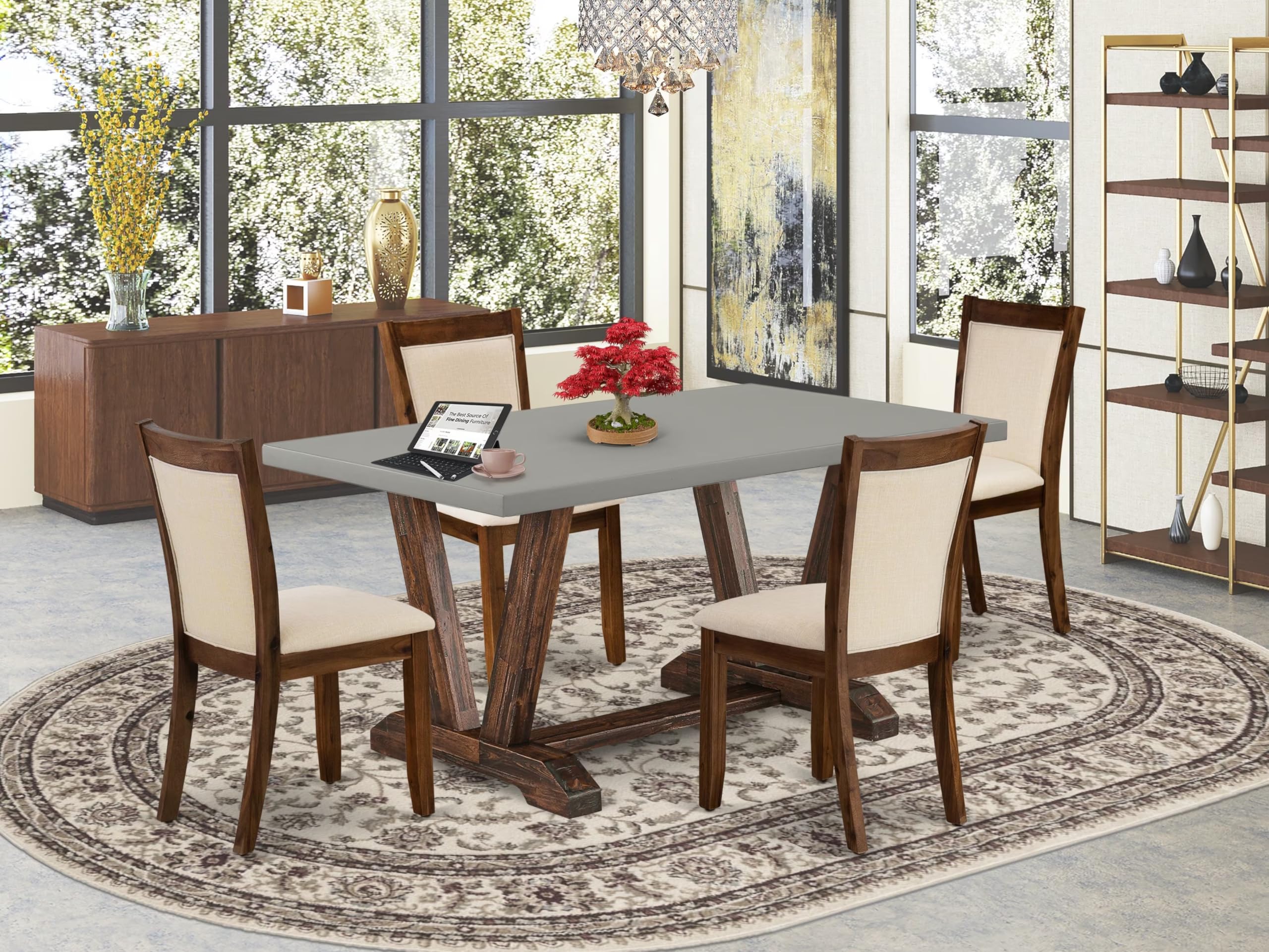 East West Furniture V796Mzn32-5 5 Piece Dining Room Table Set Includes A Rectangle Kitchen Table With V-Legs And 4 Light Beige Linen Fabric Parsons Dining Chairs, 36X60 Inch, Multi-Color