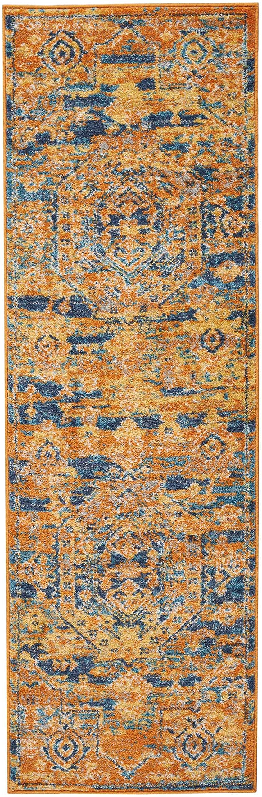 HomeRoots Teal/Sun 100% Polypropylene 2’ x 6’ Gold and Blue Antique Runner Rug