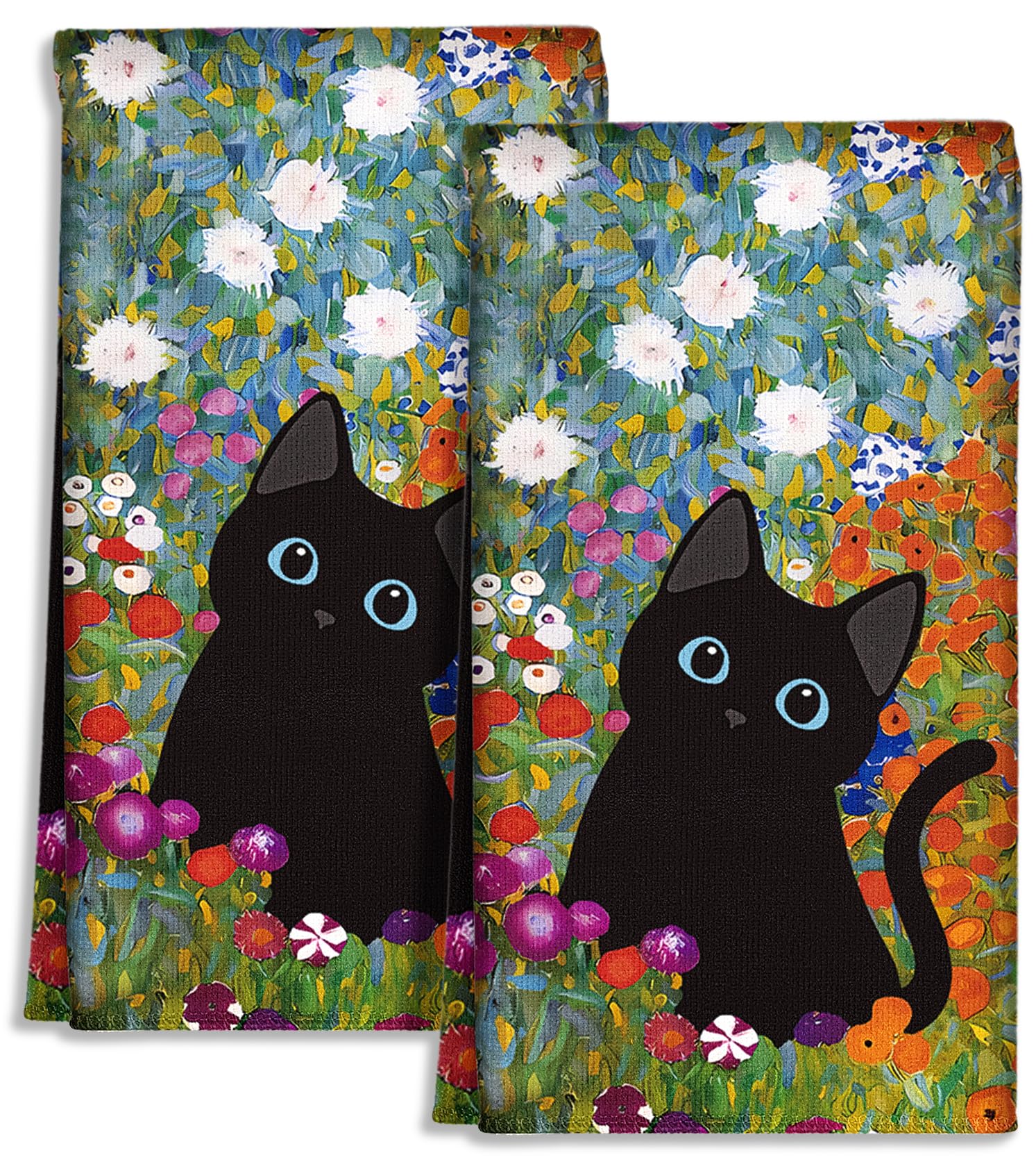 Miss Adola Cute Kitchen Towels Set of 2 - Dish Towels 18 x 26 Inch Microfiber Tea Towel for Home Decorative Black Cat Flower Spr