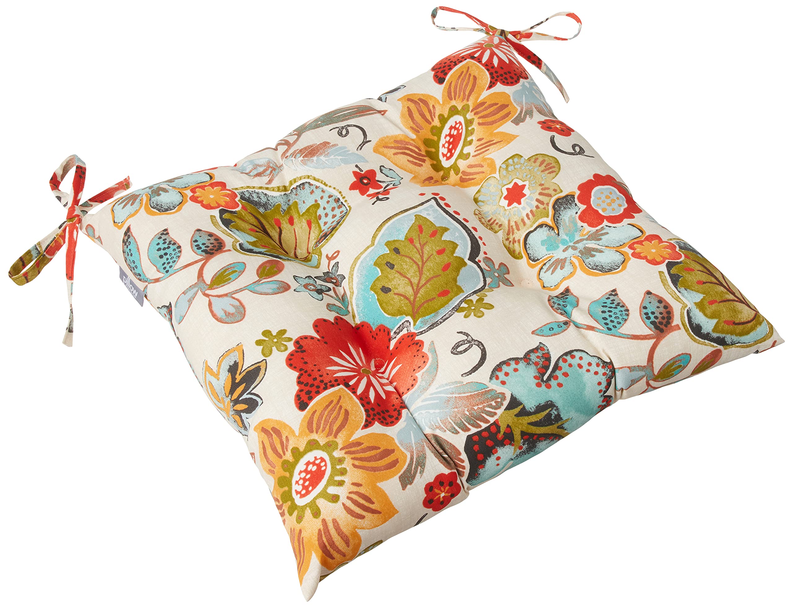 Pillow Perfect Bright Floral Indoor/Outdoor Chair Seat Cushion With Ties Tufted, Weather, And Fade Resistant, 18.5' X 19', Ivo