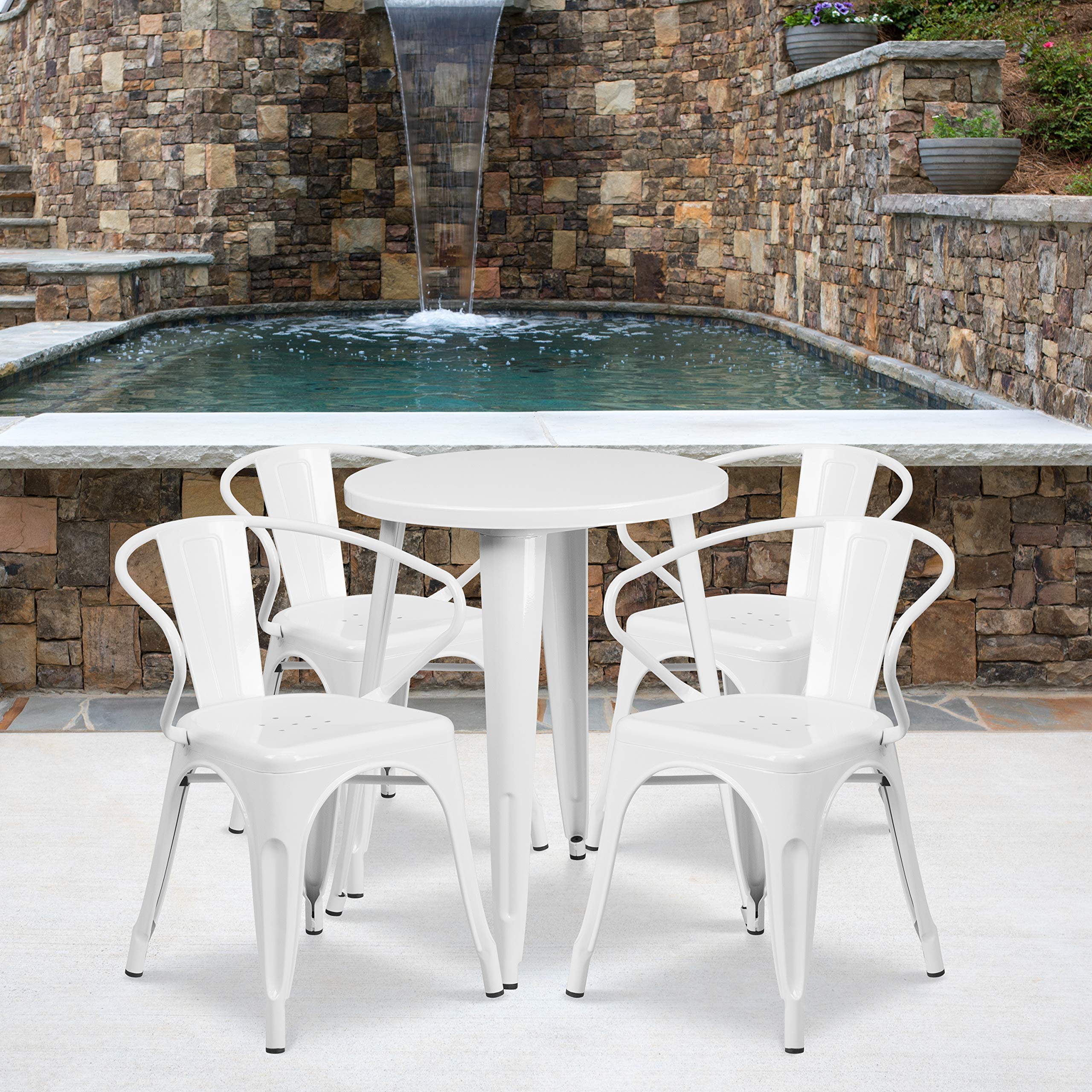 Flash Furniture Commercial Grade 24" Round White Metal Indoor-Outdoor Table Set with 4 Arm Chairs