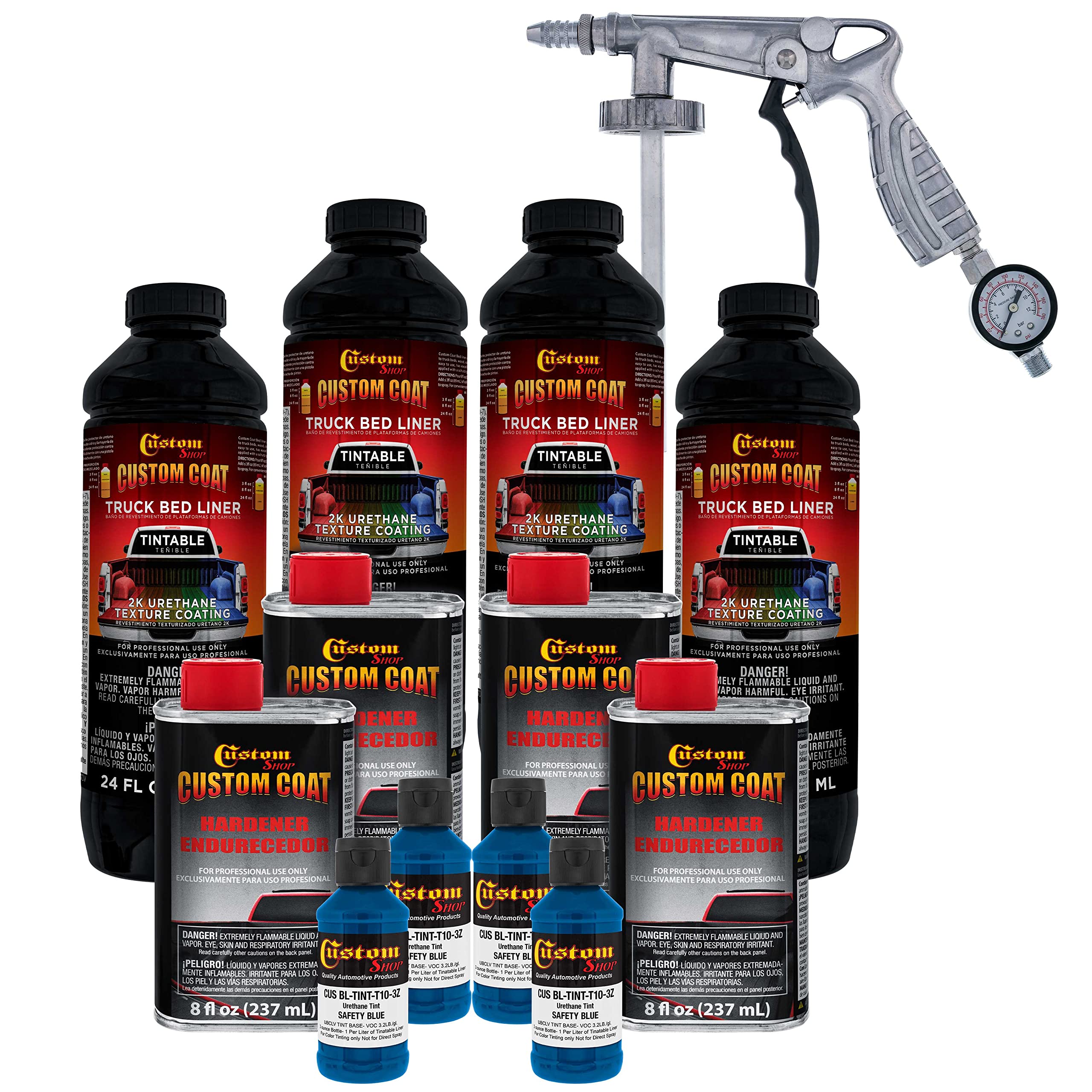 Custom Coat Safety Blue 1 Gallon Urethane Spray-On Truck Bed Liner Kit With Spray Gun And Regulator - Easy Mixing, Shake, Shoot
