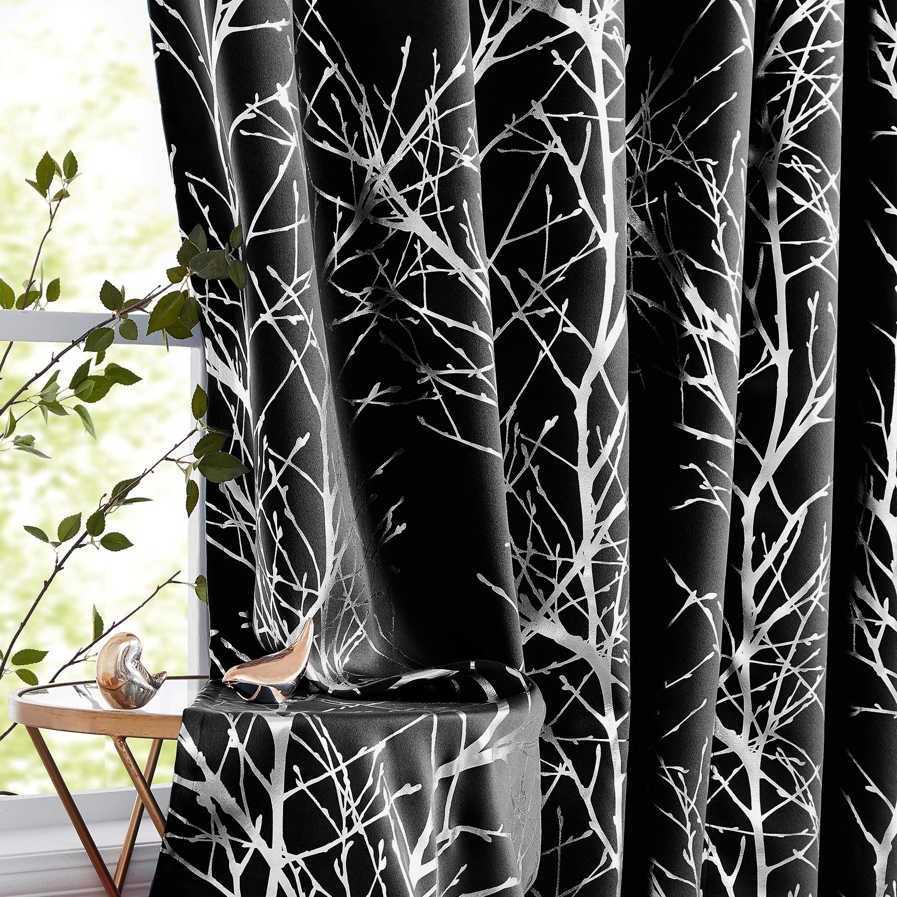 Fmfunctex Silver Branch Blackout Curtains Black For Bedroom Living Room 96' Long Metallic Print Tree Curtain Panels Energy Savi