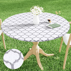 Smiry Round Picnic Tablecloth, Waterproof Elastic Fitted Table Covers For 57' - 68' Tables, Wipeable Flannel Backed Vinyl Tablecloths For Camping, Indoor, Outdoor, White & Dark Grey