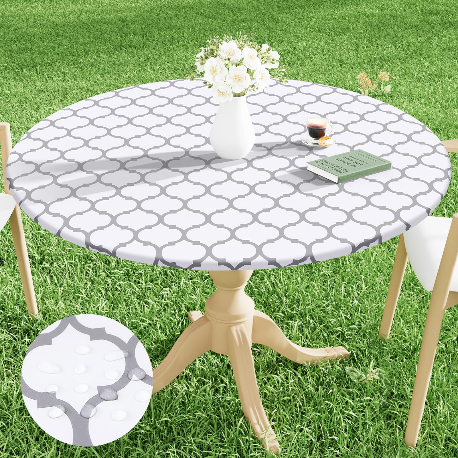 Smiry Round Picnic Tablecloth, Waterproof Elastic Fitted Table Covers For 57' - 68' Tables, Wipeable Flannel Backed Vinyl Tablecloths For Camping, Indoor, Outdoor, White & Dark Grey