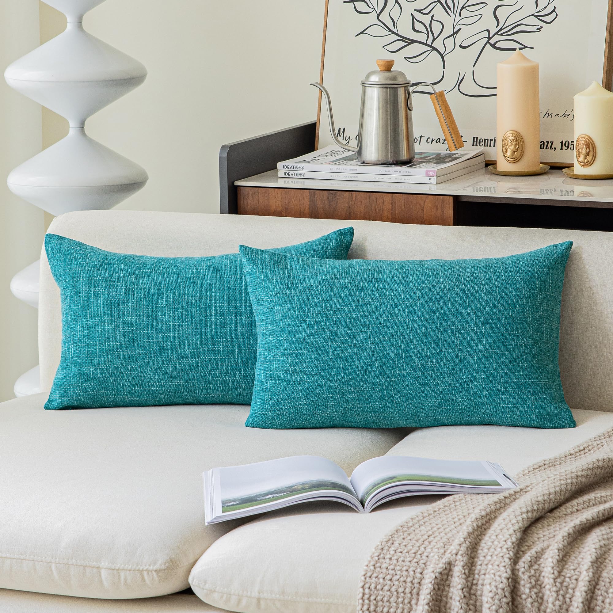 Kevin Textile Decorative Toss Pillow Case Star Faux Linen Cushion Cover For Chair, 12X20-Inch (30X50Cm), 2 Packs, Peacock Blue