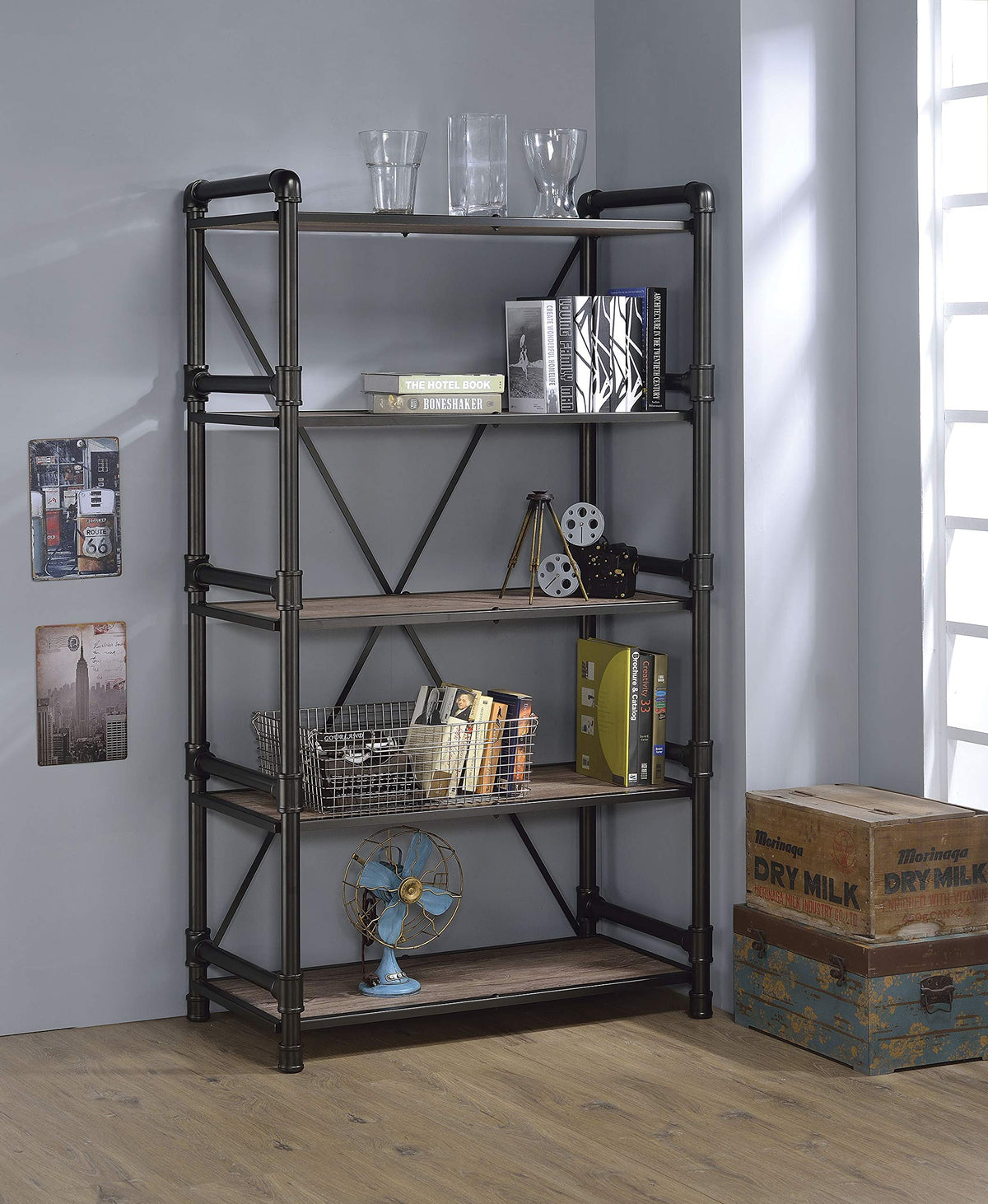 HomeRoots Rustic Oak & Black Particle Board, Melamine 40' X 22' X 72' Rustic Oak and Black Particle Board Bookshelf