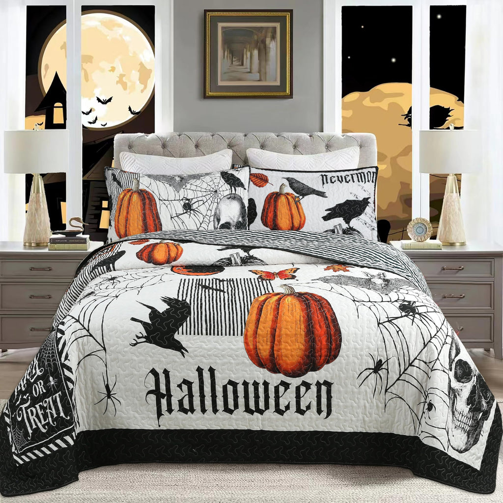 MarCielo 3 Pcs Halloween Themed Quilt Bedspread Set - Cozy and Spooky Pumpkin and Ghost Pattern ME500 (Halloween, Queen)