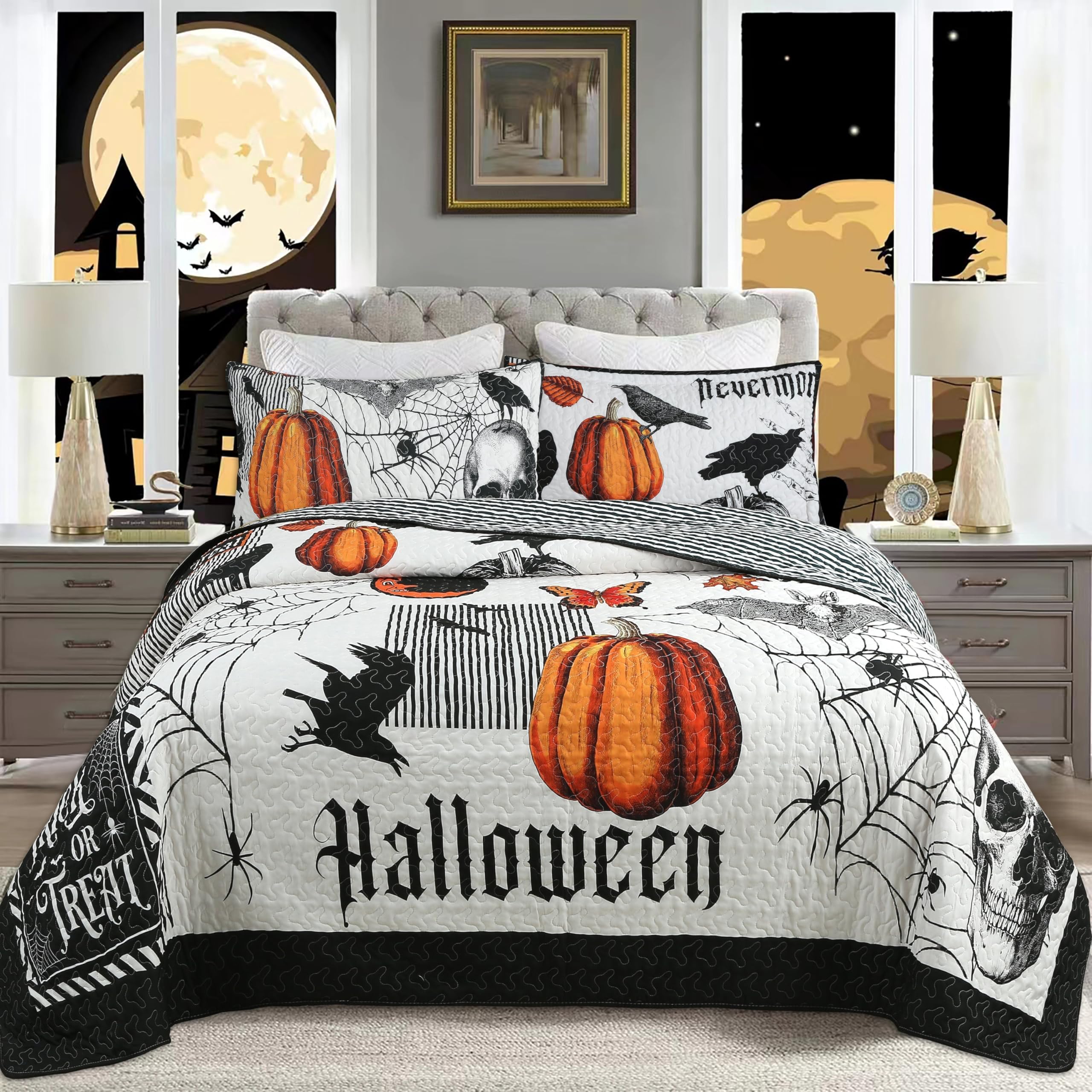 MarCielo 3 Pcs Halloween Themed Quilt Bedspread Set - Cozy and Spooky Pumpkin and Ghost Pattern ME500 (Halloween, Queen)