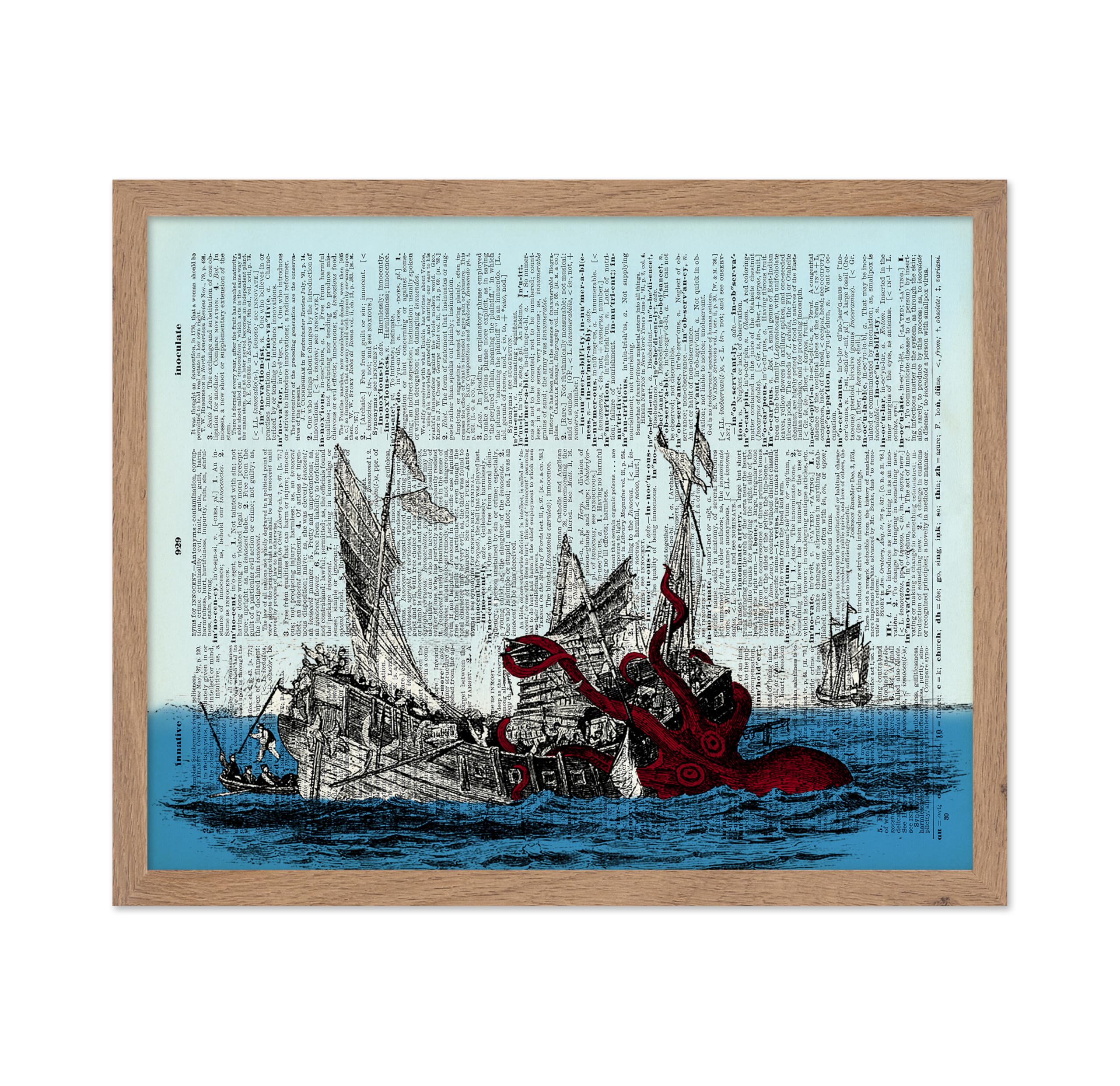 Poster Master Dictionary Art Poster - Giant Octopus and Wrecked Ship Print - Octopus Art - Kraken Art - Gift for Him, Her - Naut