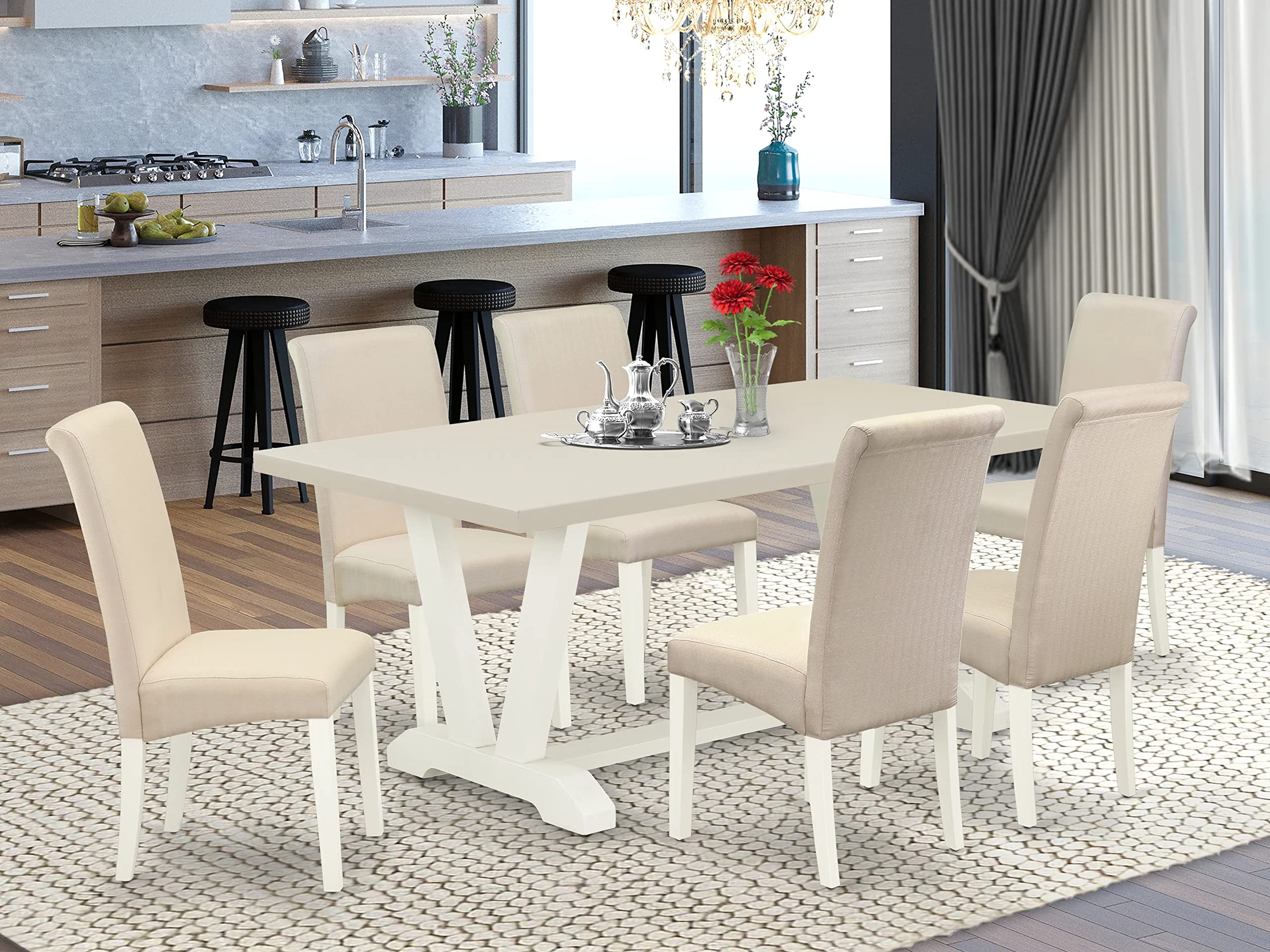 East West Furniture V-Style 7 Piece Modern Set Consist Of A Rectangle Dining Room Table With V-Legs And 6 Cream Linen Fabric Parsons Chairs, 40X72 Inch, V027Ba201-7
