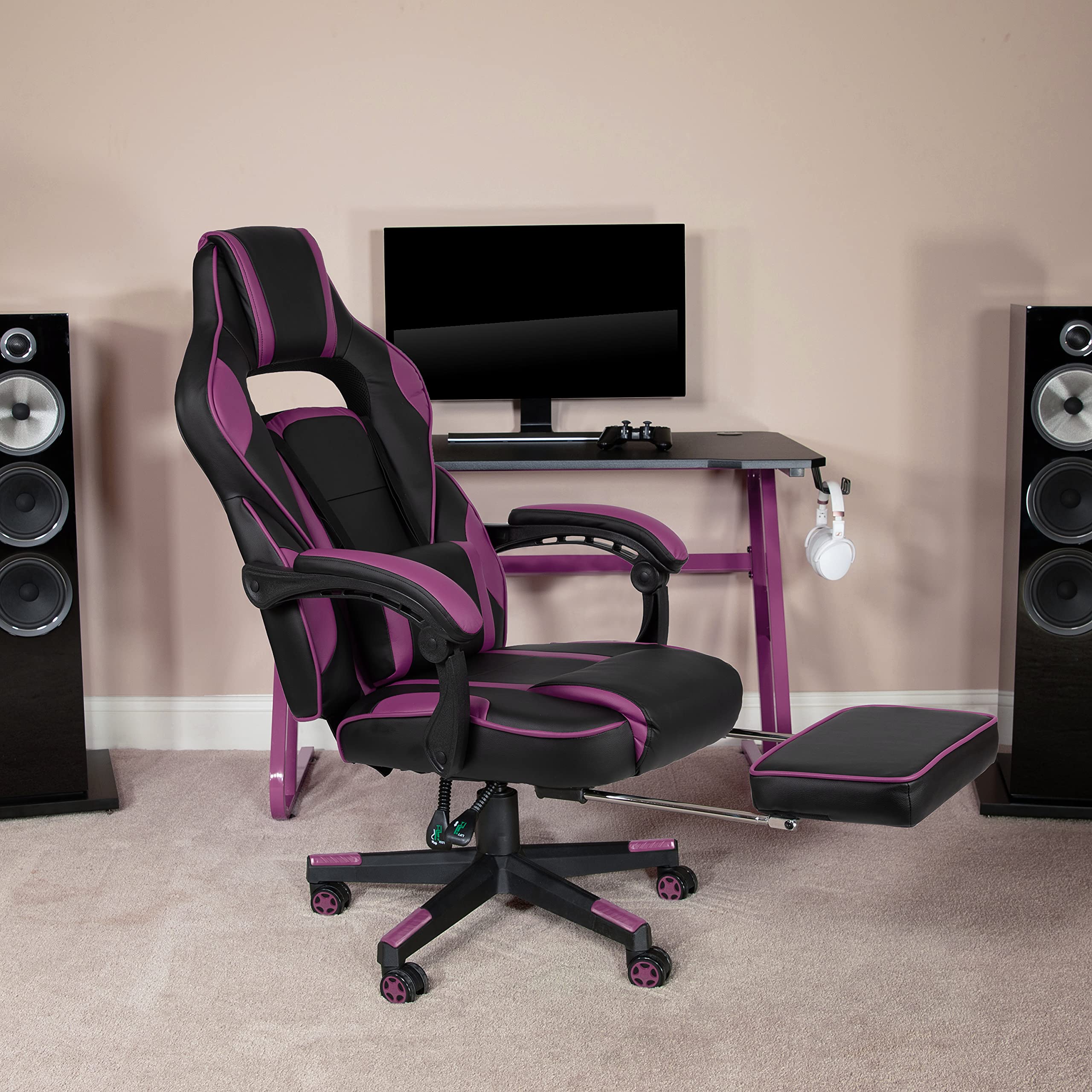 Flash Furniture X40 Gaming Chair Racing Ergonomic Computer Chair with Fully Reclining Back/Arms, Slide-Out Footrest, Massaging Lumbar - Black/Purple