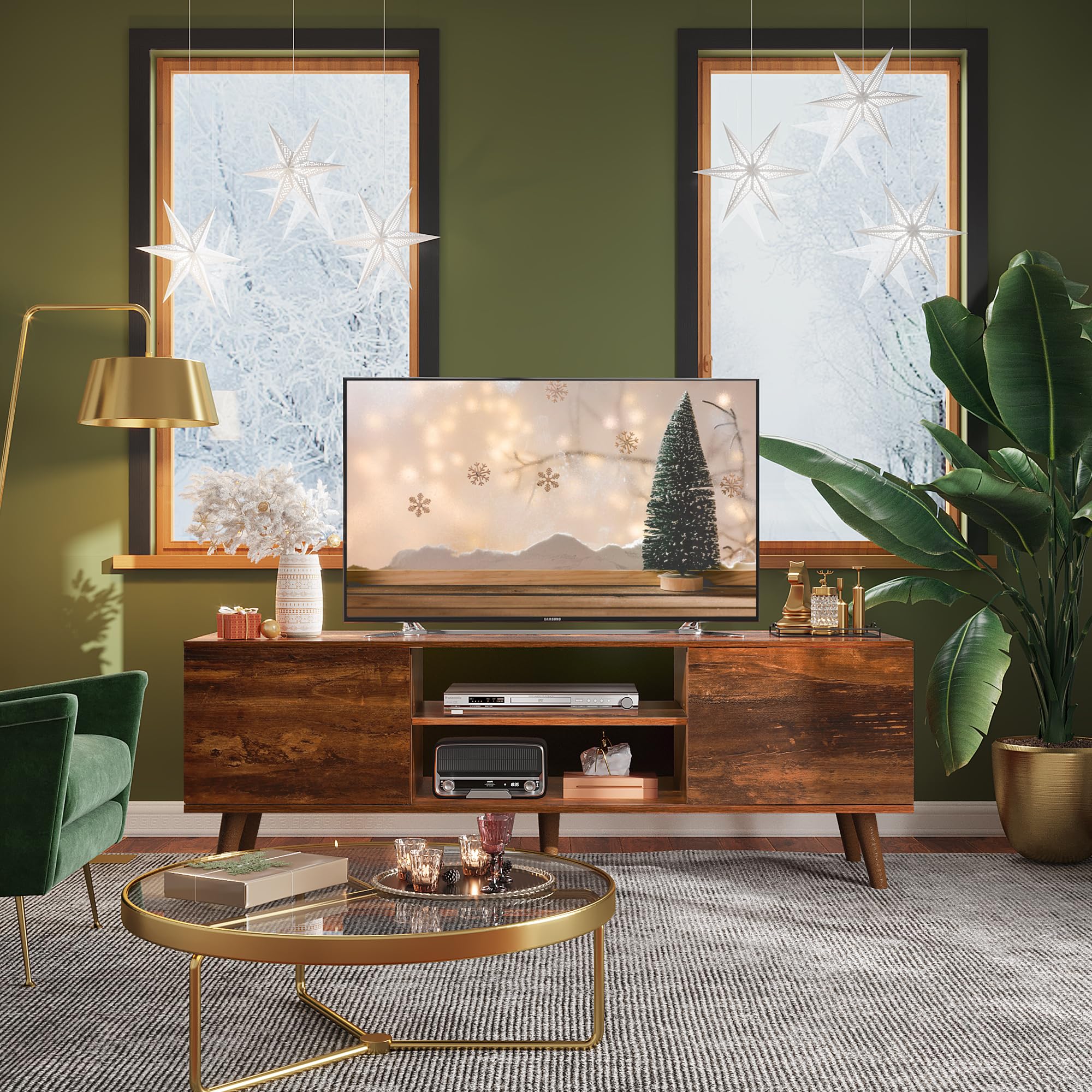 Wlive Tv Stand For 55 60 Inch Tv, Mid Century Modern Tv Console, Entertainment Center With Storage For Living Room, Retro Brown
