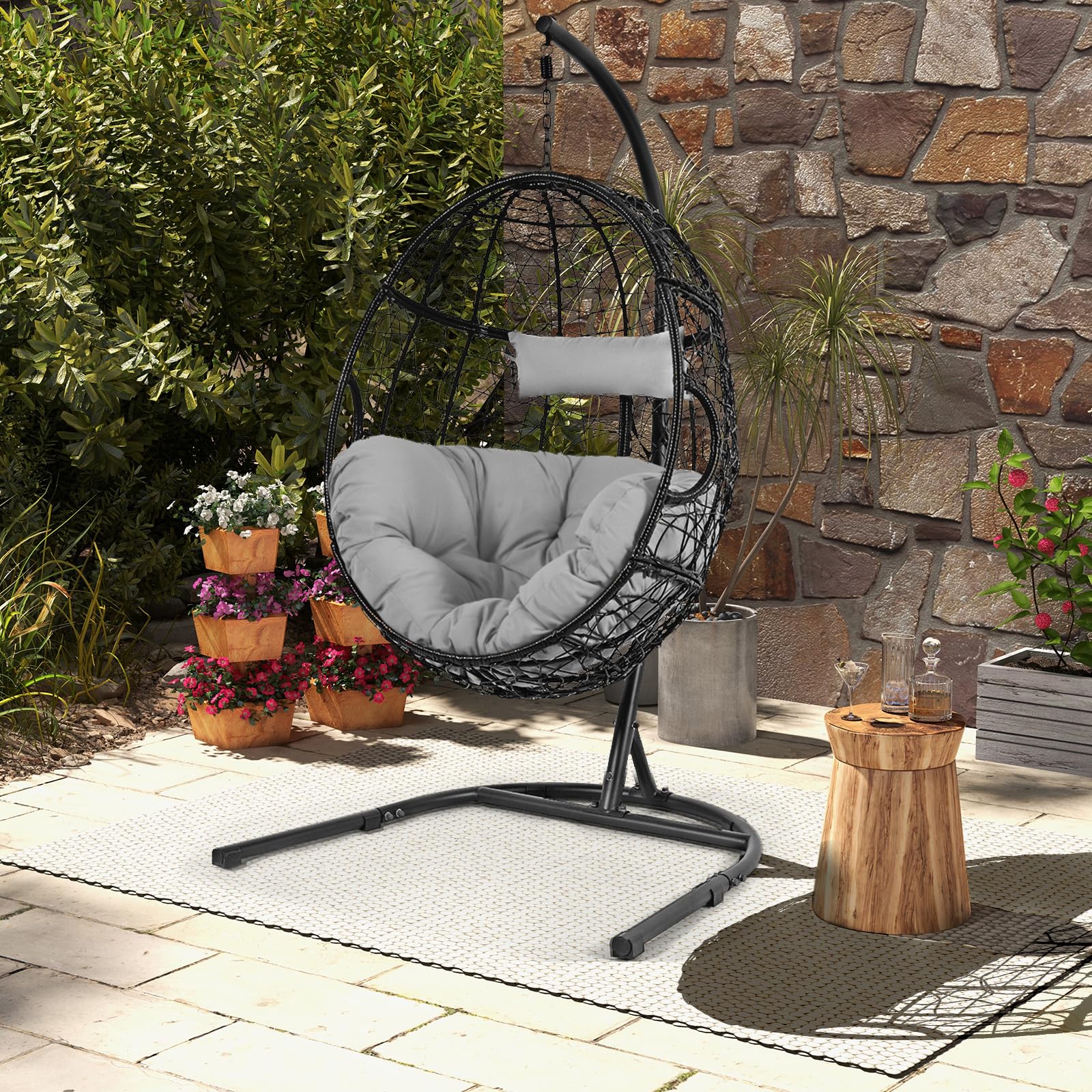 Tangkula Egg Chair With Stand, Hanging Egg Swing Chair With Removable Seat Cushion & Headrest, All-Weather Indoor Outdoor Hangin