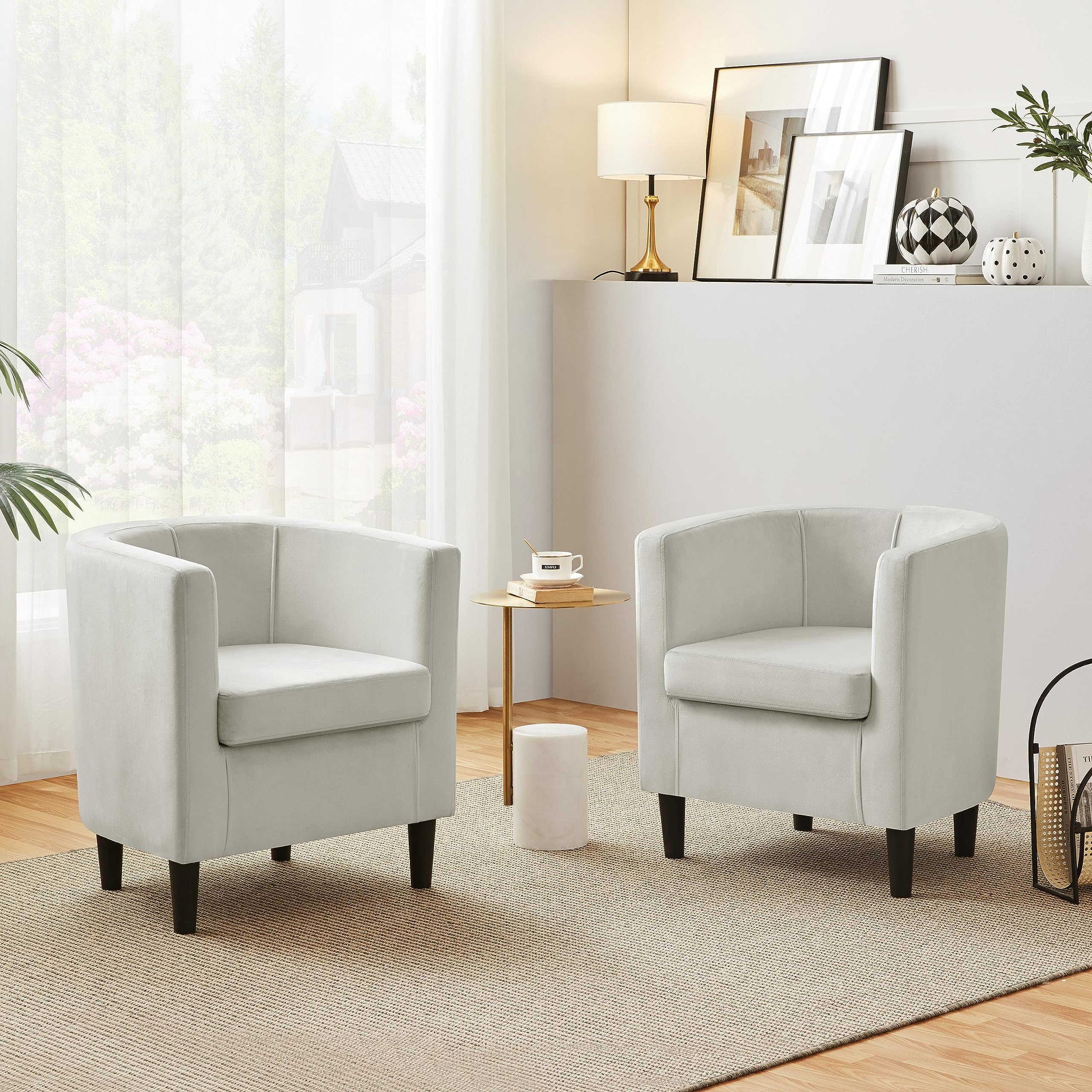 Yaheetech Velvet Accent Chair, Modern And Comfortable Armchairs, Upholstered Barrel Sofa Chair For Living Room Bedroom Waiting Room, Beige, 2Pcs