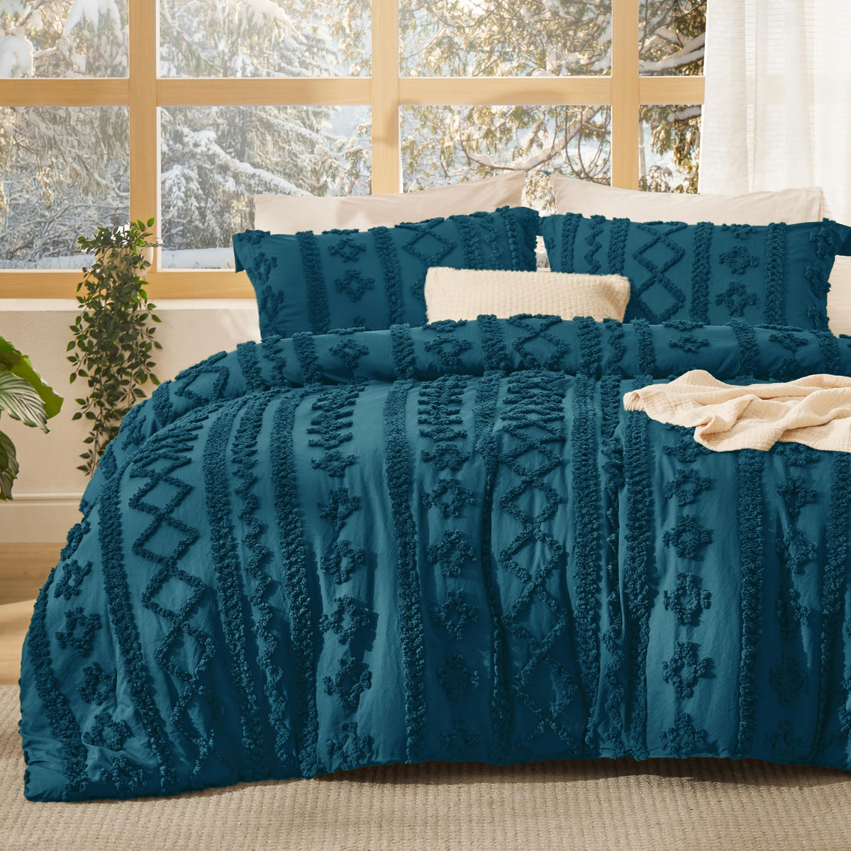 Bedsure Tufted Boho Comforter Set Queen Size - Teal Boho Bed Set, Gentlesoft 3 Pieces Farmhouse Shabby Chic Embroidery Bedding,