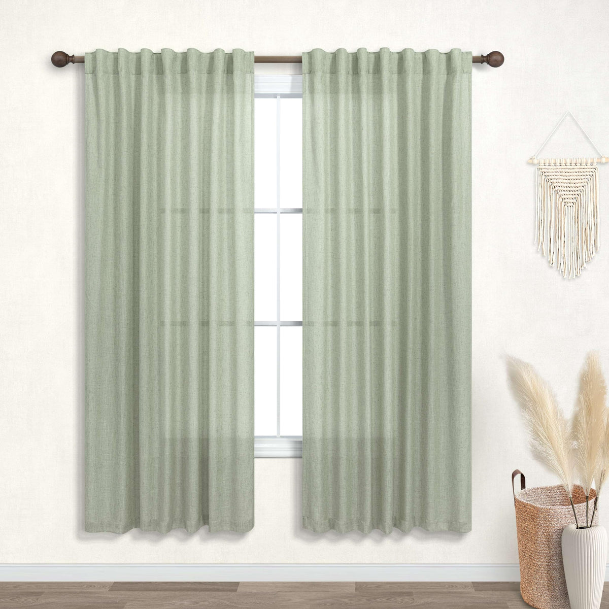 Koufall Sage Green Back Tab Rod Pocket Linen Sheer Curtains For Living Room 52X63 Inches Long
