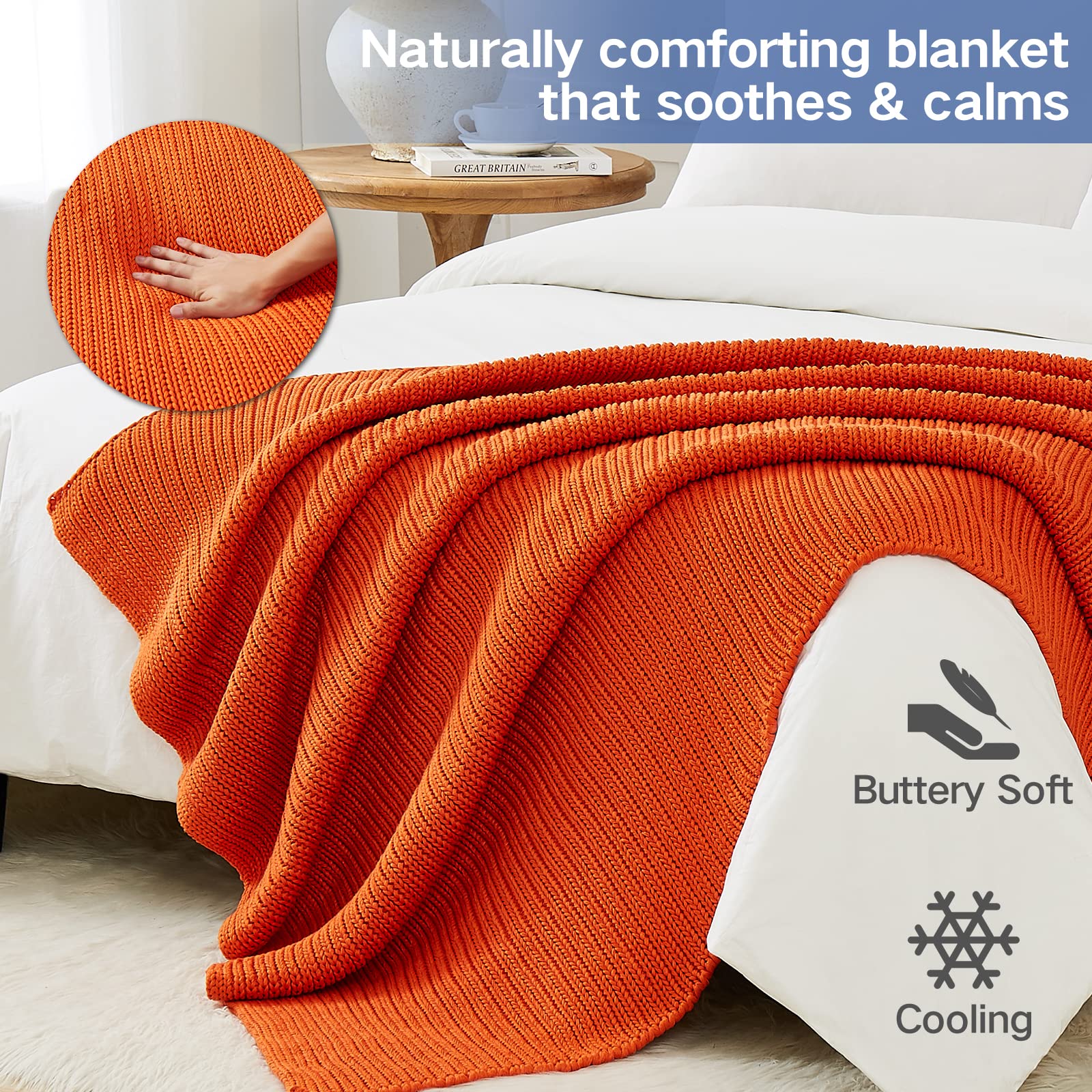 Guohaoi Knitted Weighted Blanket(Orange 50''X60'' 5Lbs),Home D  Cor Cooling Throw Blanket For Hot Sleepers,Hand Made Chunky Knit
