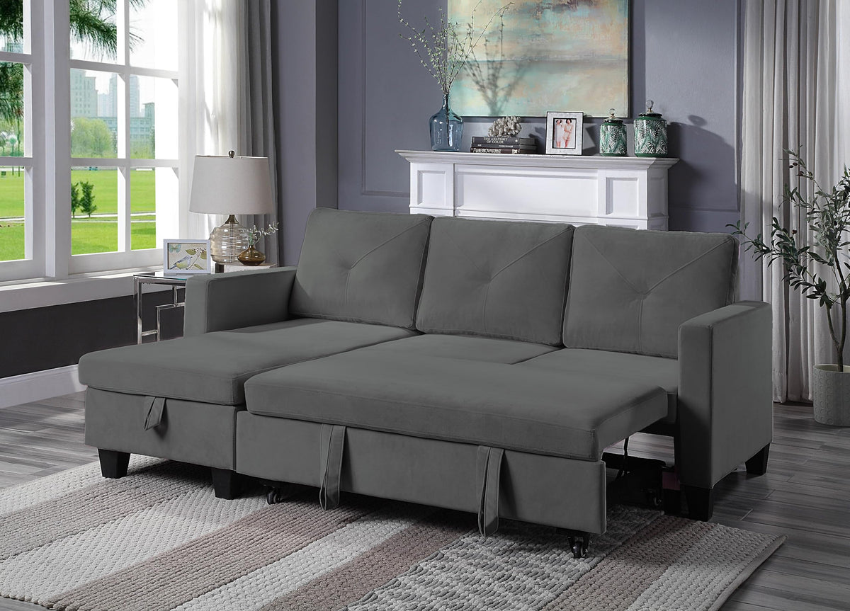 Lilola Home Nova 82.5" W Dark Gray Velvet Reversible Sleeper Sectional Sofa with Storage Chaise